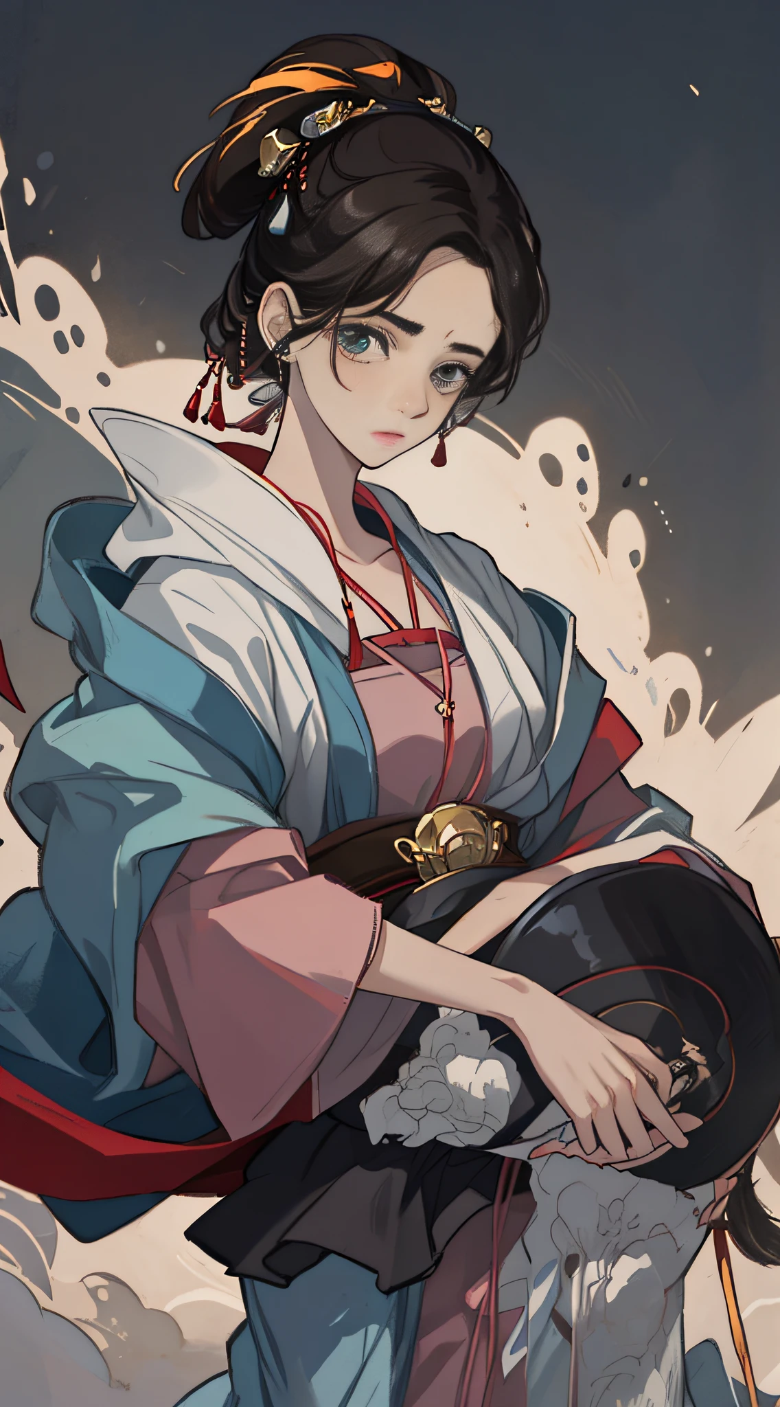 Chinese fairy tales, A male swordsman, Hair soars, Sit on the top of the hill, Looking at the village down the hill, Maple leaves blow through, light smile, anime, Ghibli-like colours, chiaroscuro, depth of field, from above, highres, high quality, UHD --auto