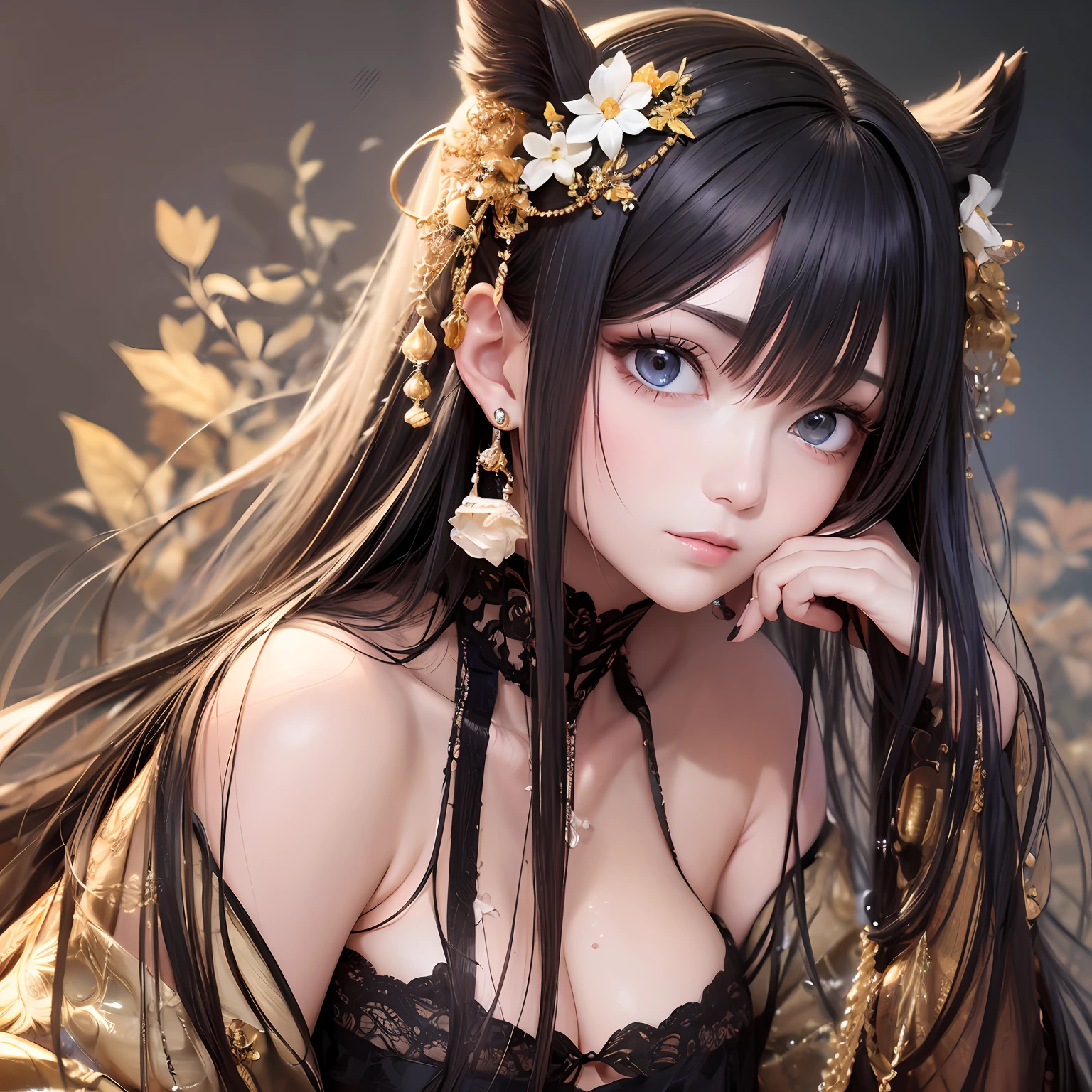 animesque、Clear, Moisturized papayawhip eyes、Beautiful woman like a fashion model、a closeup、portlate、Beautiful, Beautiful black hair without hair ornaments, hight resolution, top-quality, masterpiece, 8k wallpaper、 One Person、Beautiful skin、17age、