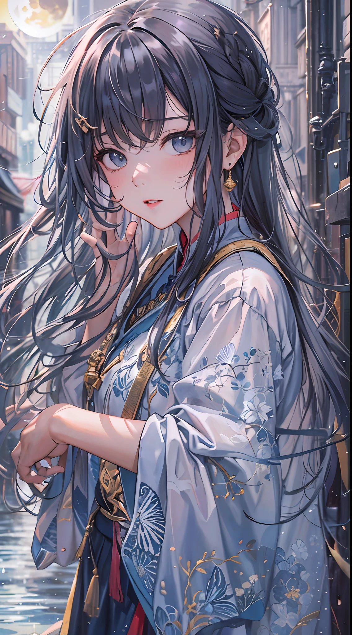 (8k, RAW photo:1.2), best quality, ultra high res,dramatic angle,(fluttered detailed color splashs), (illustration),(((1 girl))),(long hair),(rain:0.9), (头饰:1.4),少女身边有一座古宫,汉服,(重点),彩色水墨画,(泼彩),泼彩,(((colorful))),(素描:0.8) , Masterpiece, best quality, beautiful painted, highly detailed,(denoising:0.6),[splash ink],((ink refraction)), (beautiful detailed sky),moon,highly,detaild,(masterpiece, best quality, extremely detailed） CG unity 8k壁纸，杰作，最好的质量，超详细），（石蒜），