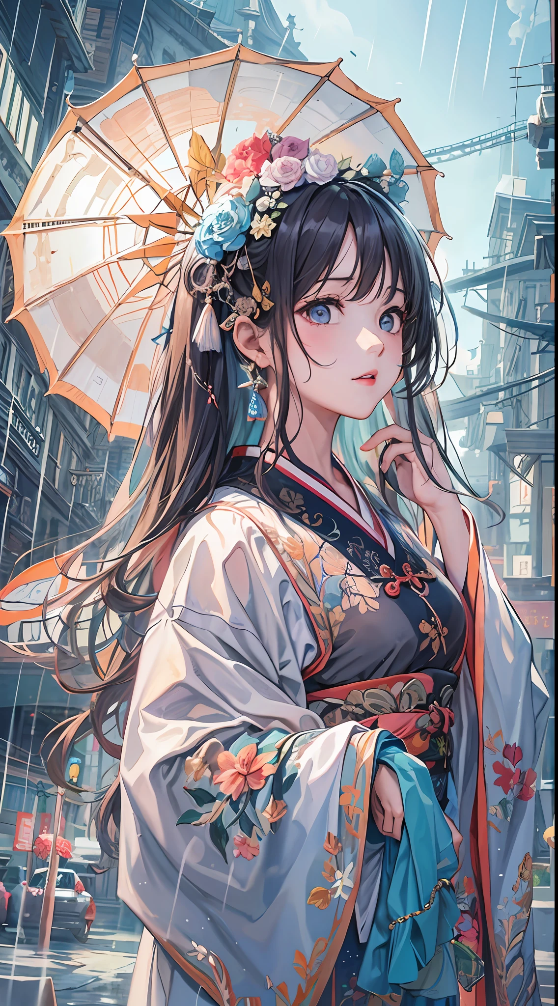 (8k, RAW photo:1.2), best quality, ultra high res,dramatic angle,(fluttered detailed color splashs), (illustration),(((1 girl))),(long hair),(rain:0.9), (头饰:1.4),少女身边有一座古宫,汉服,(重点),彩色水墨画,(泼彩),泼彩,(((colorful))),(素描:0.8) , Masterpiece, best quality, beautiful painted, highly detailed,(denoising:0.6),[splash ink],((ink refraction)), (beautiful detailed sky),moon,highly,detaild,(masterpiece, best quality, extremely detailed） CG unity 8k壁纸，杰作，最好的质量，超详细），（石蒜），