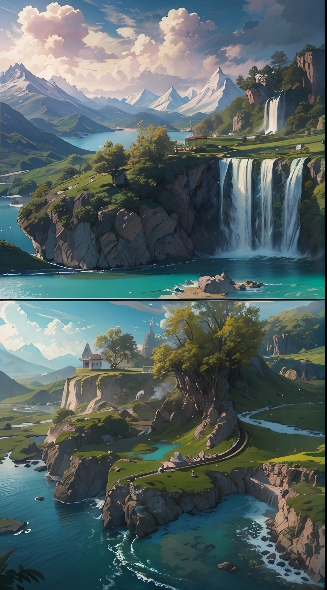 Masterpiece, best quality, high quality, extremely detailed CG unity 8k wallpaper, landscape, outdoor, sky, cloud, sky, no humans, mountain, landscape, water, tree, blue sky, waterfall, cliff, nature, lake, river , cloudy skies, award winning photography, bokeh, depth of field, HDR, bloom, chromatic aberration, photorealism, very detailed, trending on artstation, trending on CGsociety, intricate, high detail, dramatic, midjourney art
