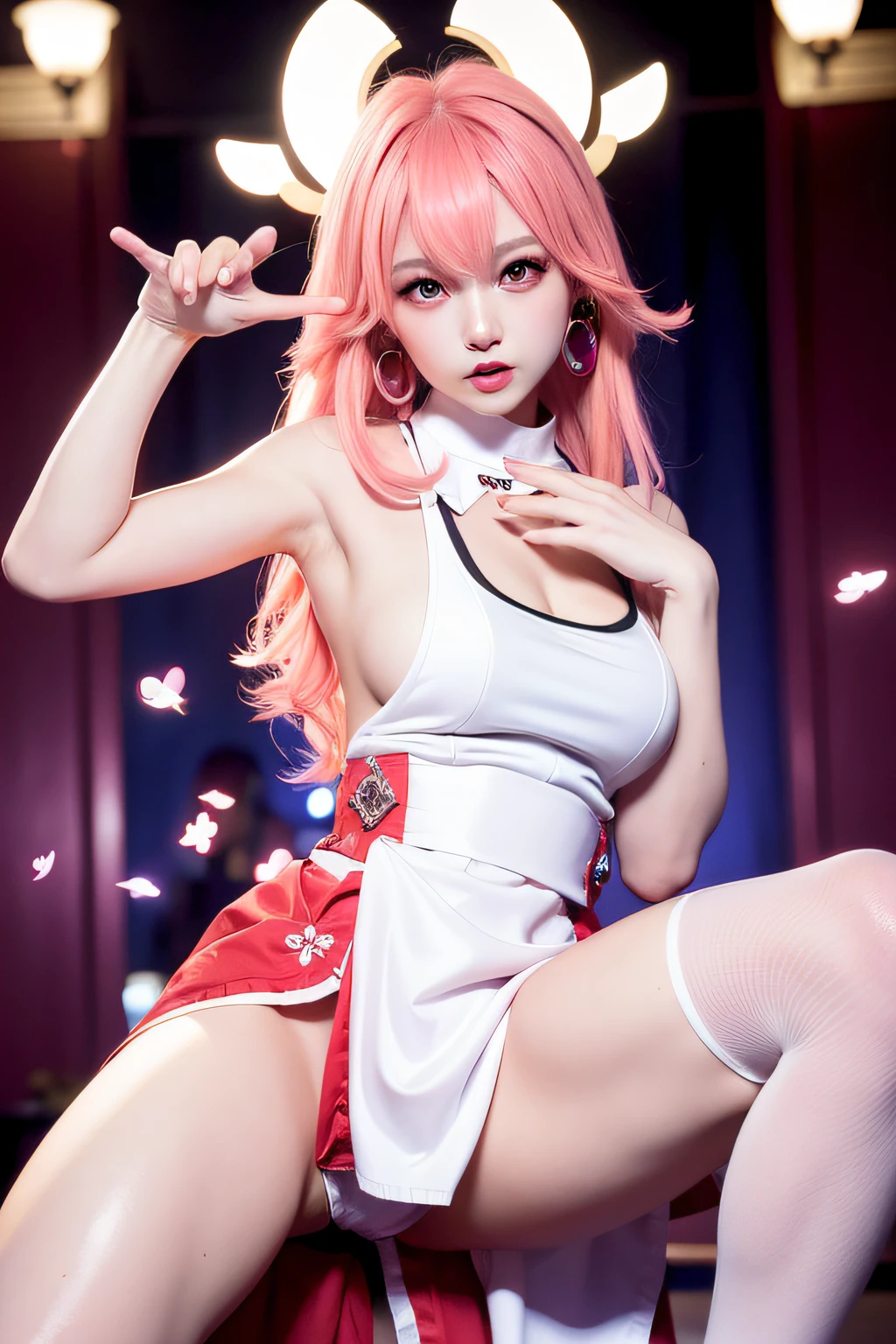 1girl, kpop idol, yae miko, detached sleeves, bare shoulders, (sideboob:1.45), pink hair, long hair, (torn japanese clothes),(white panties)best quality, (photorealistic:1.3), (hair ornament:1.35), jewelry, purple eyes, earrings, large breasts, torii, cherry blossoms, lantern light, depth of field, detailed face, face focus, bodystocking, ribbon_trim, white skirt, white dress, (looking at viewer:1.5), nontraditional miko, shiny skin, long sleeves, smile, thick lips,thighhighs, east asian architecture, blurry background, full body,glowing eyes,pleasure face,open shirt, bottom up , pleasure face, (ulzzang-6500-v1.1:0.8), tongue out,vaginal, sweat, juice,