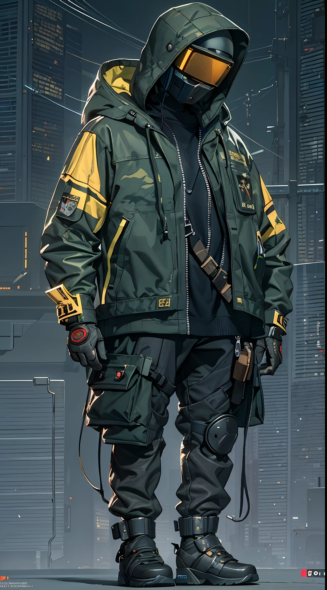 (masterpiece, full body shot, intricate raw photography) Cyberpunk citizen, comfortable super oversized asymetrical
green camouflage pattern techwear jacket, black hoodie, black cargo pants, black clothing, dark, wearing a futuristic black high-tech helmet daft punk style, aerodynamic, intricate, futuristic, advanced technology, dark environment, dramatic, light and shadow, cinematic, action movie, sharpness, random relaxed position, cyberpunk city, street neon lights, dark street, night, insta photo, photo of the year, octane render, substance, Maya 3D, cinema4D, ArtStation Trending, Devian Art Trend,