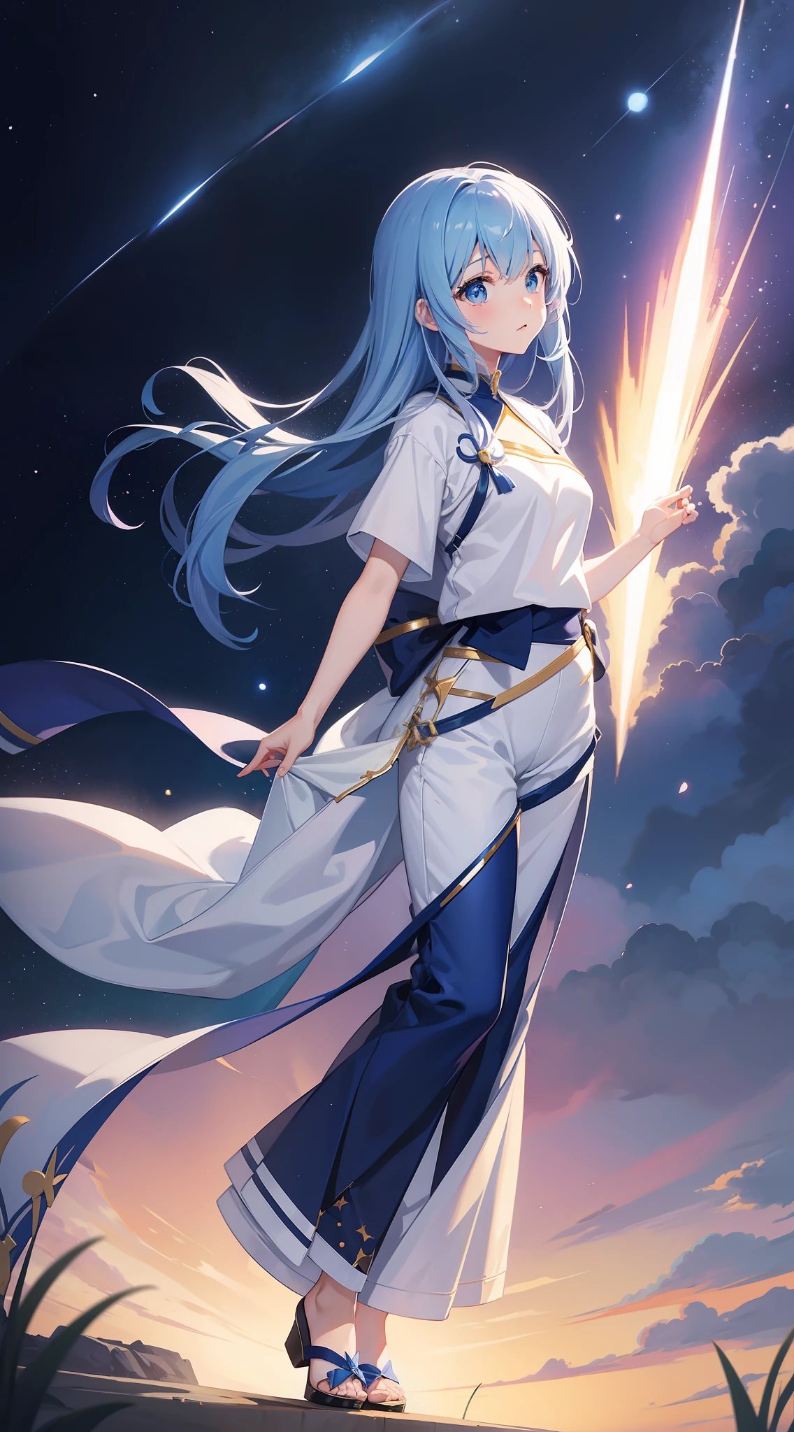 Become a woman。magical little girl。Wearing a white T-shirt and dark blue pants。Wishing for a starry sky。Hope for space。It is an anime-style illustration。Beautiful with the best image quality