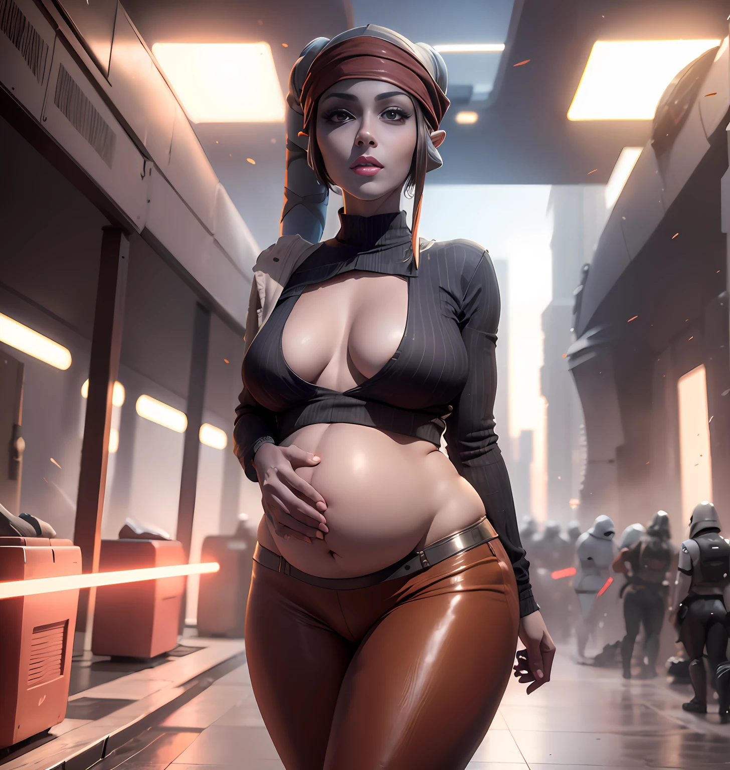 Unbeatable masterpiece, ultra-realistic 8k CG, perfect artwork, super detailed, masterpiece, highest quality, high resolution, detail maniac, high definition, high quality, detailed face, detailed body limbs, 1girl, solo, Hinata Hinata, Hinata sleeveless clothing, fishnet garment, dark lips, unzippered jacket, no bra, exposed breasts, blushing, white tights, camel toes, jiri-like, extreme breasts, extreme female body, All over the body, white pupils, twi'lek, naughty smile, star wars ship, remove headband, make younger, bathrobe, sexy pose, sexy eyes, sexy smille, comfortable pose, red color skin, green color eyes, blush on face, open mouth, PREGNANT, colorize skin, red color, happy, cute, Very detailed eyes, very detailed face, very beautiful woman, best quality, super detailed (photorealistic), big, very delicate and beautiful legs, black naughty underwear, show full body, twi'lek, naughty smile, star wars ship, remove headband, make younger, bathrobe, sexy pose, sexy eyes, sexy smille, lies on the bed, lay on bed, sleep on bed, comfortable pose, on sapceship bedroom, futuristic bedroom, red color skin, green color eyes, blush face, pregnant, wear black pants, wear white bra, wear black open jacket, flirt