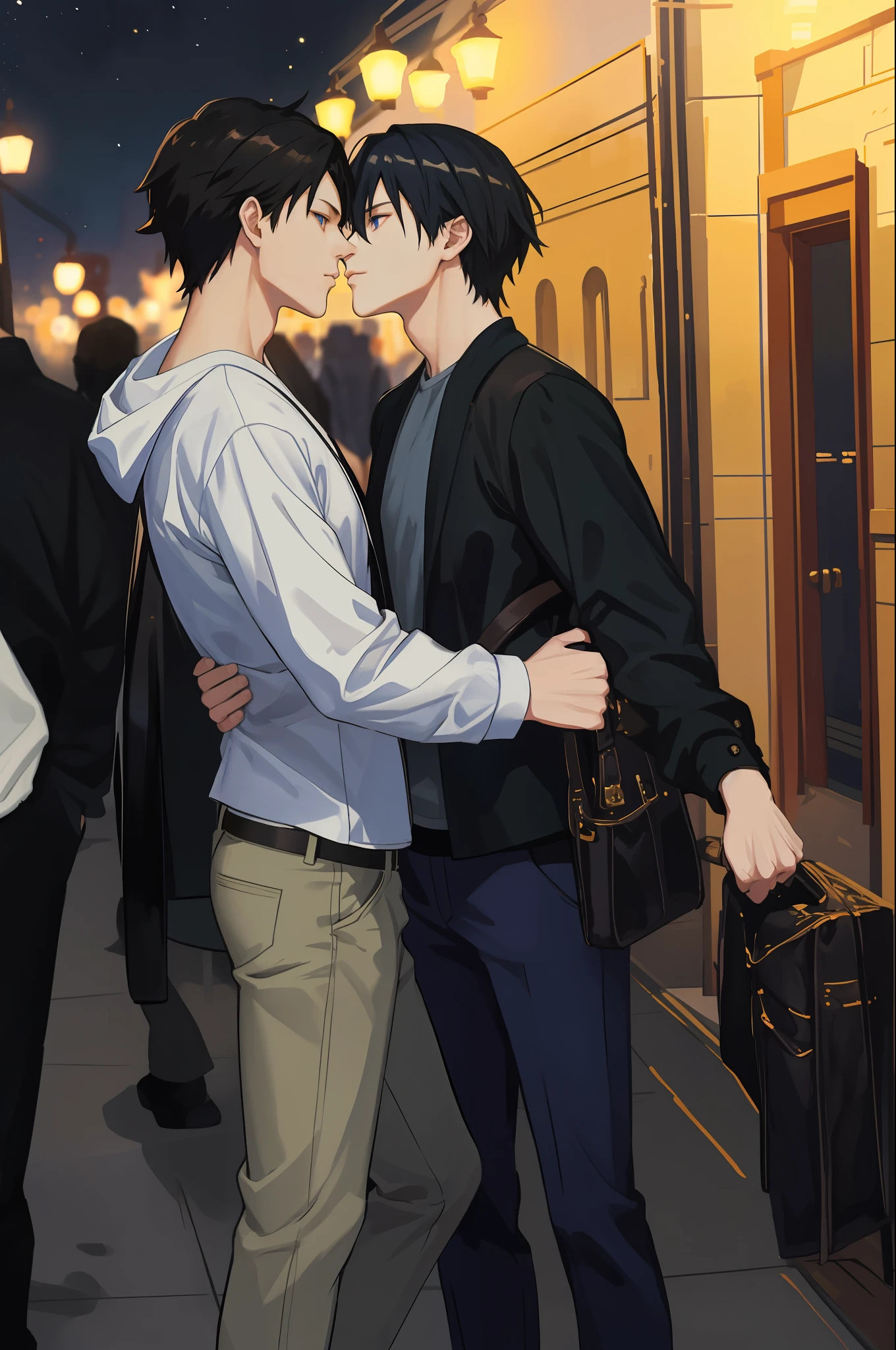 masterpiece, top-quality, realisitic, Young men2a person,Staring at each other trying to kiss、 tall muscular, a handsome, Beautiful skins,attractive and delicate eyes、Ecstatic look、 extra detailed face, (Black hair), (Untidy hair), Casual clothing,dressed casually、nighttime scene、Modern night city、portlate、Anime by Makoto Shinkai、𝓡𝓸𝓶𝓪𝓷𝓽𝓲𝓬