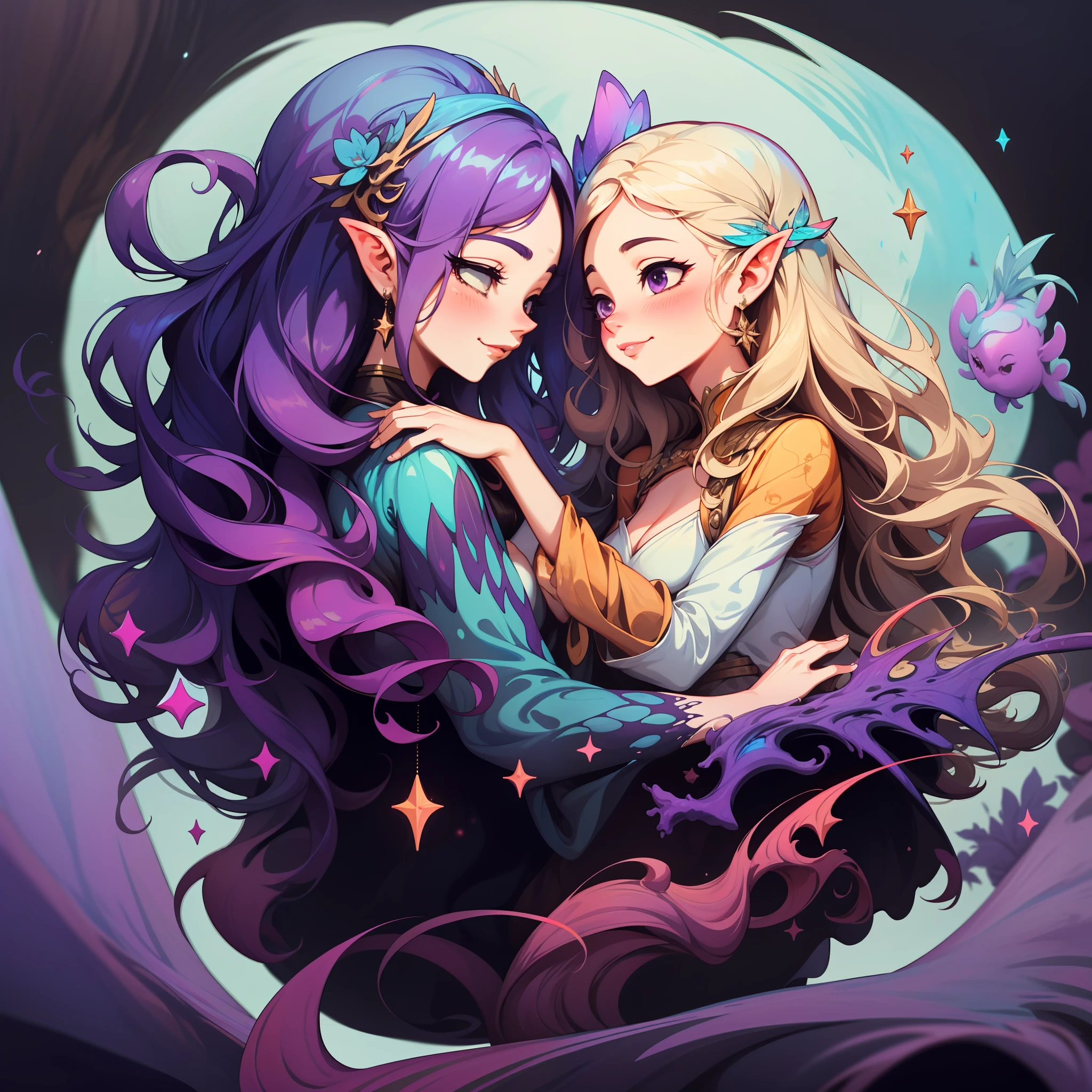 adesivo, fundo simples, retrato, 2 girls, couple, girl with long hair, girl smilling, fairy aesthetics, beautiful fairy girl, very beautiful fantasy art, beautiful and elegant female fairy, beautiful detailed fantasy, purple and yellow color palate, purple color-theme