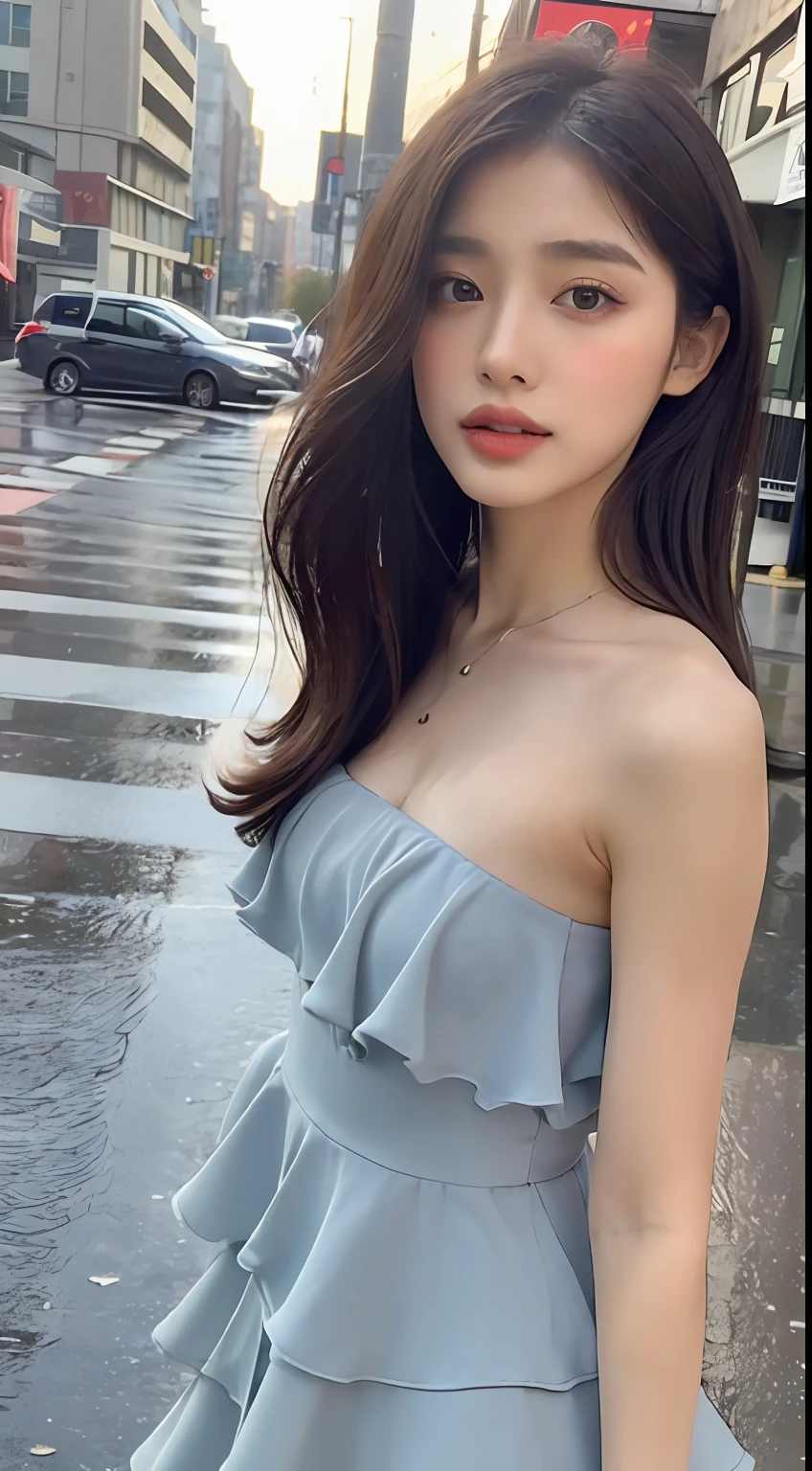 ((Best Quality, 8k, Masterpiece: 1.3)), Focus: 1.2, Perfect Body Beauty: 1.4, Buttocks: 1.2, ((Layered Haircut, Flat Chest: 1.2)), (Rain, Street:1.3), Bandeau Dress: 1.1, Highly Detailed Face and Skin Texture, Fine Eyes, Double Eyelids, Whitened Skin, Long Hair, (Shut Up: 1.3), Full Body