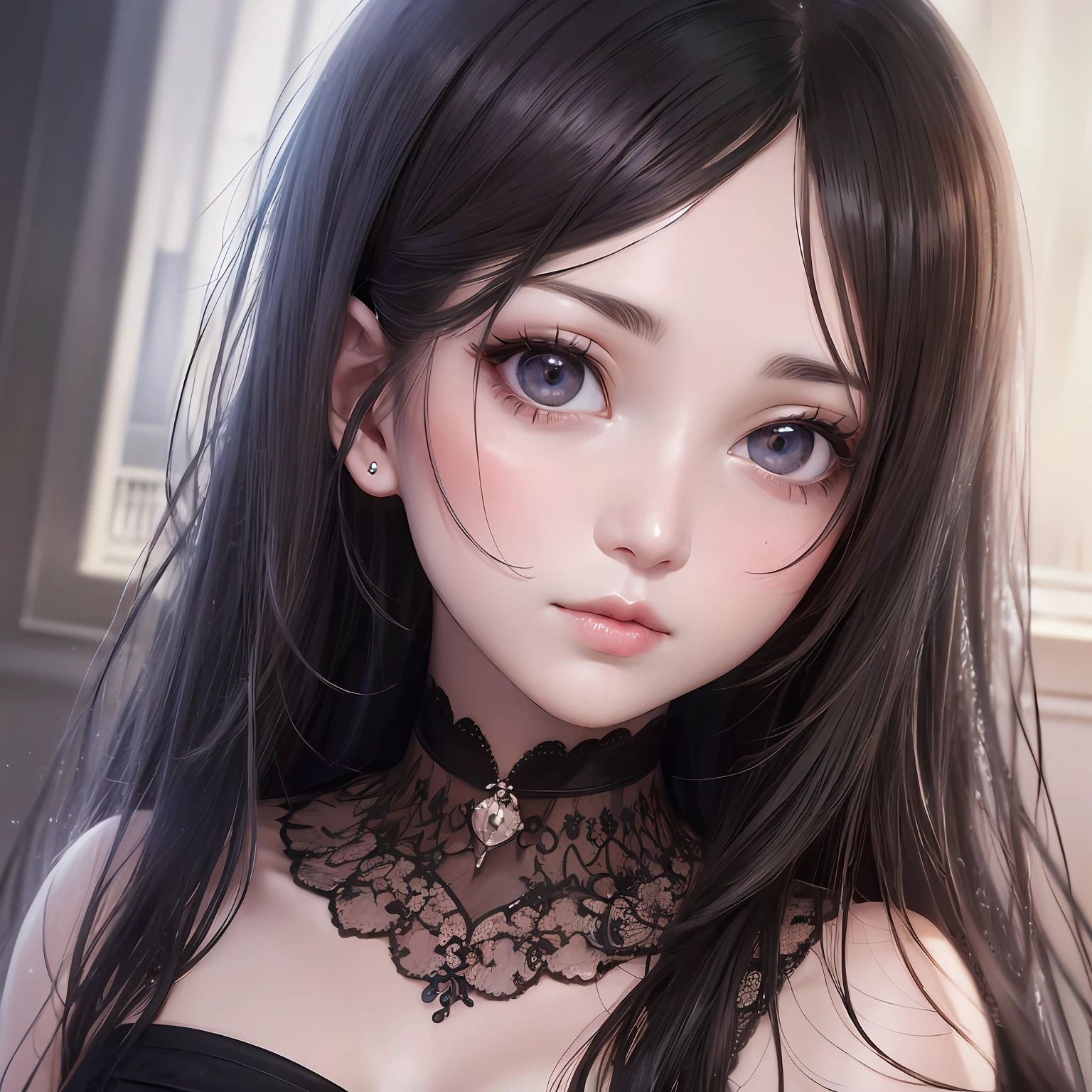 animesque、Clear, Moisturized papayawhip eyes、Beautiful woman like a fashion model、a closeup、portlate、Beautiful, Beautiful black hair without hair ornaments, hight resolution,　top-quality, ​masterpiece, 8k wallpaper、 One Person、Beautiful skin、１７age、