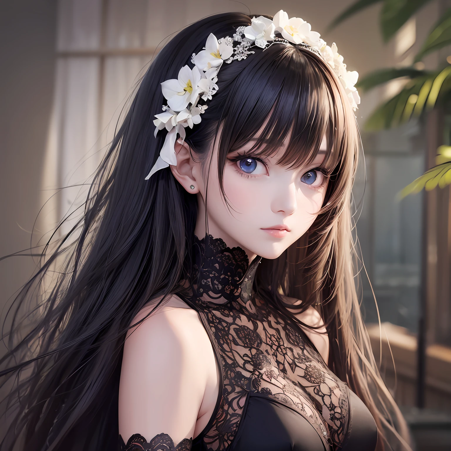 animesque、Clear, Moisturized papayawhip eyes、Beautiful woman like a fashion model、a closeup、portlate、Beautiful, Beautiful black hair without hair ornaments, hight resolution,　top-quality, ​masterpiece, 8k wallpaper、 One Person、Beautiful skin、１７age、