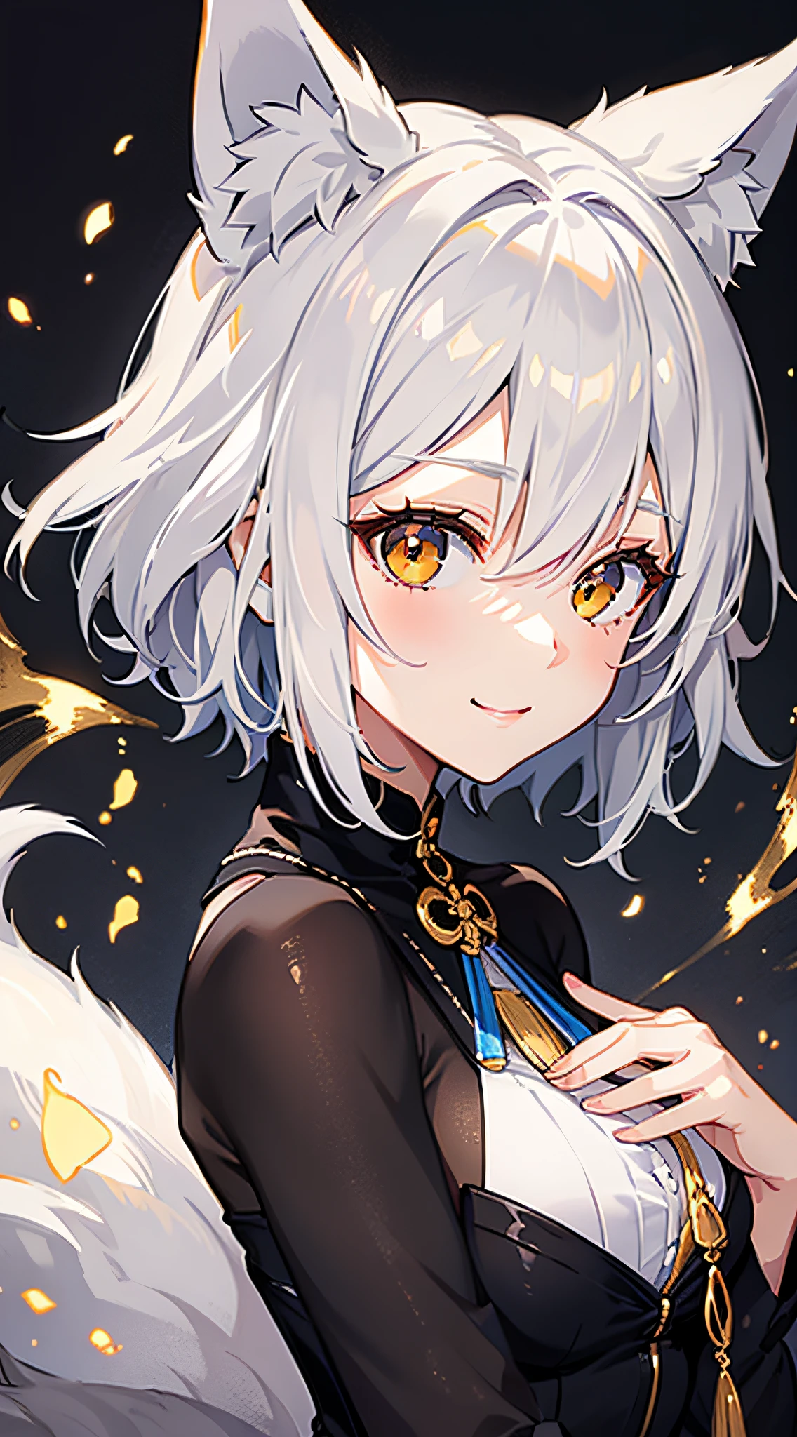 Adult woman, Short white hair, Fox ears, fox tails, Golden eyes, Black whites of the eyes, komono, ssmile, Masterpiece, hiquality