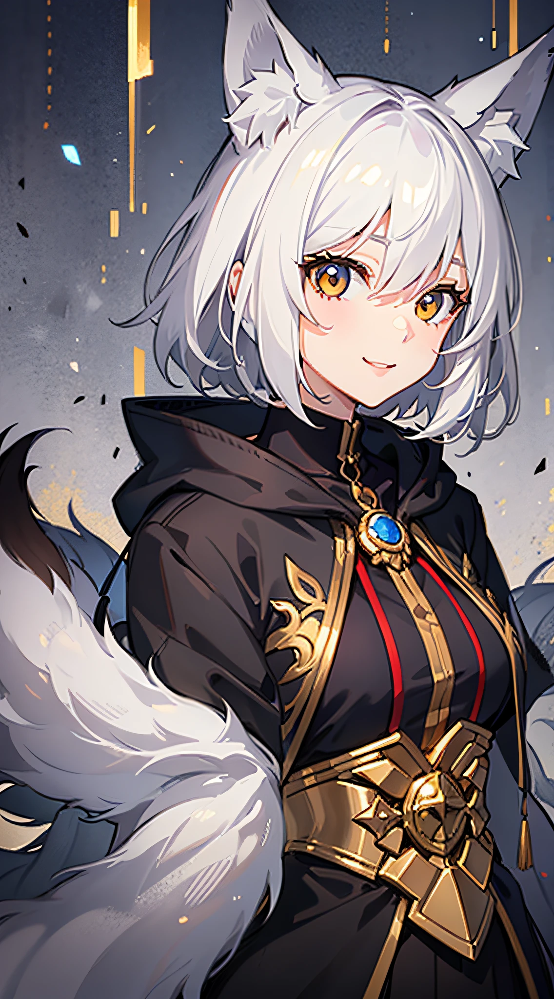 Adult woman, Short white hair, Fox ears, fox tails, Golden eyes, Black whites of the eyes, komono, ssmile, Masterpiece, hiquality