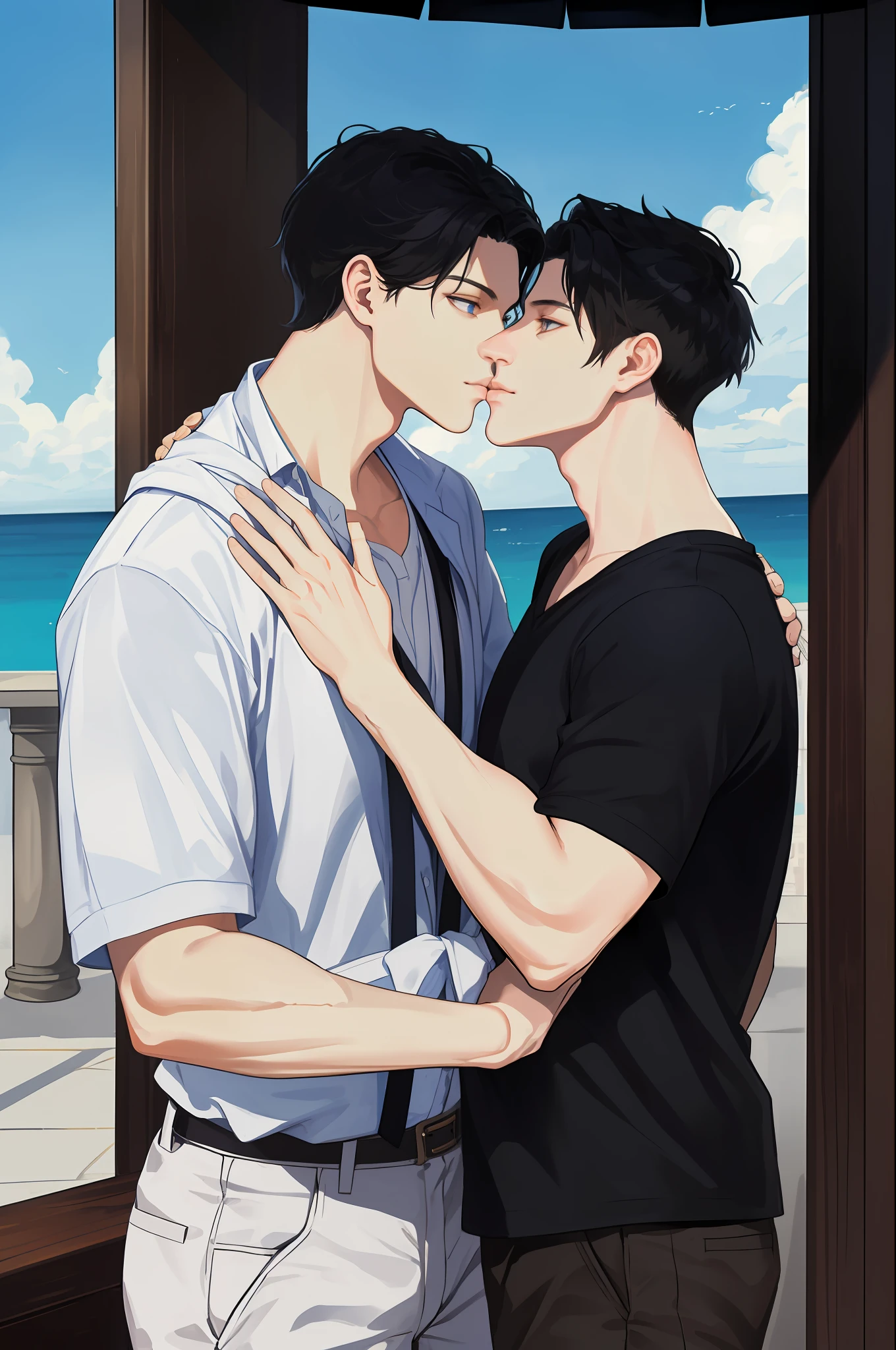 masterpiece, top-quality, realisitic, Two Young Men, tall muscular, a handsome, Beautiful skins,attractive and delicate eyes、Enraptured look、Kissing、 portraitures, extra detailed face, (Black hair), (Untidy hair), Casual clothing, blue open sky