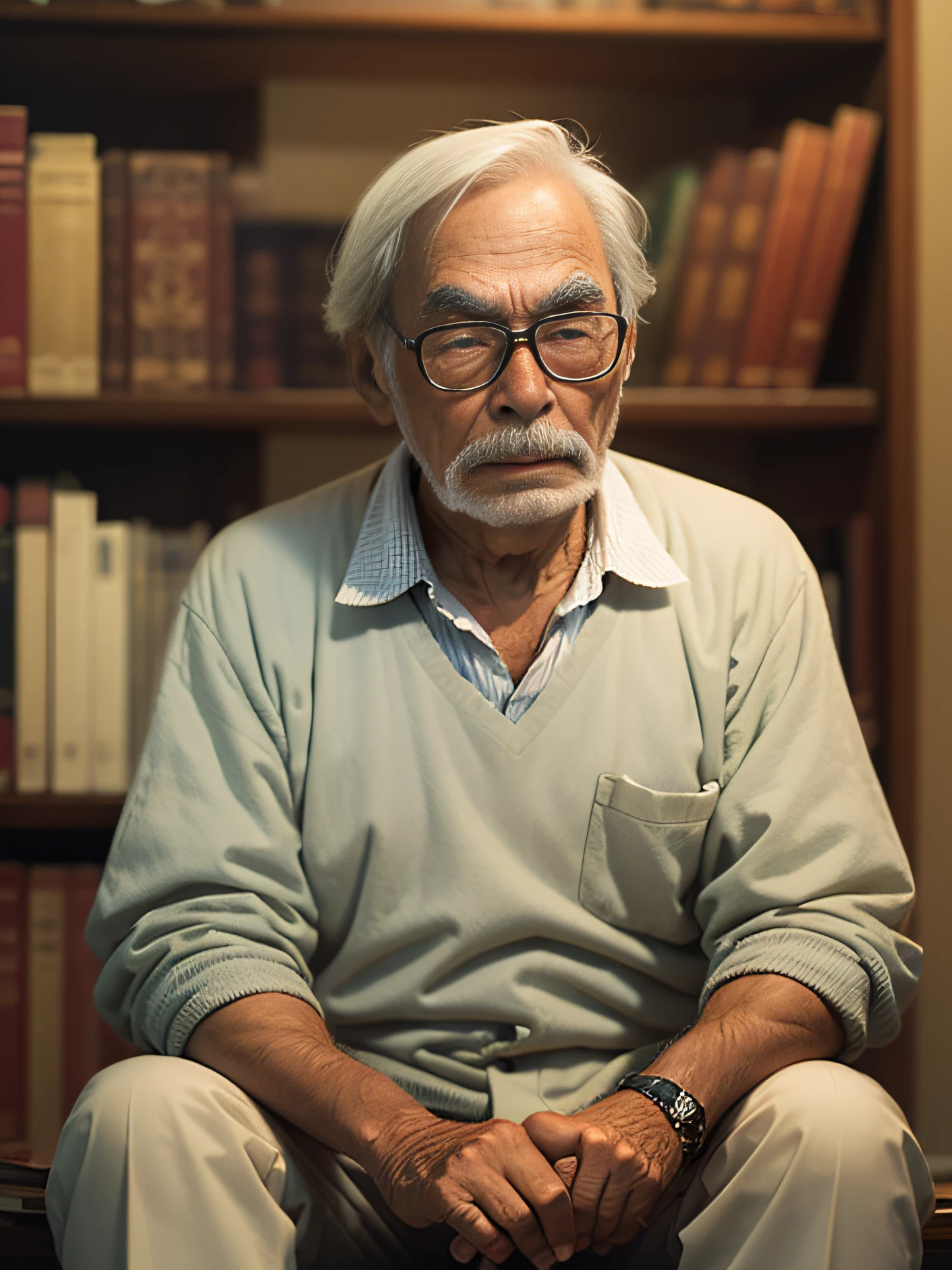 old man, sad face, sitting in front of a bookcase