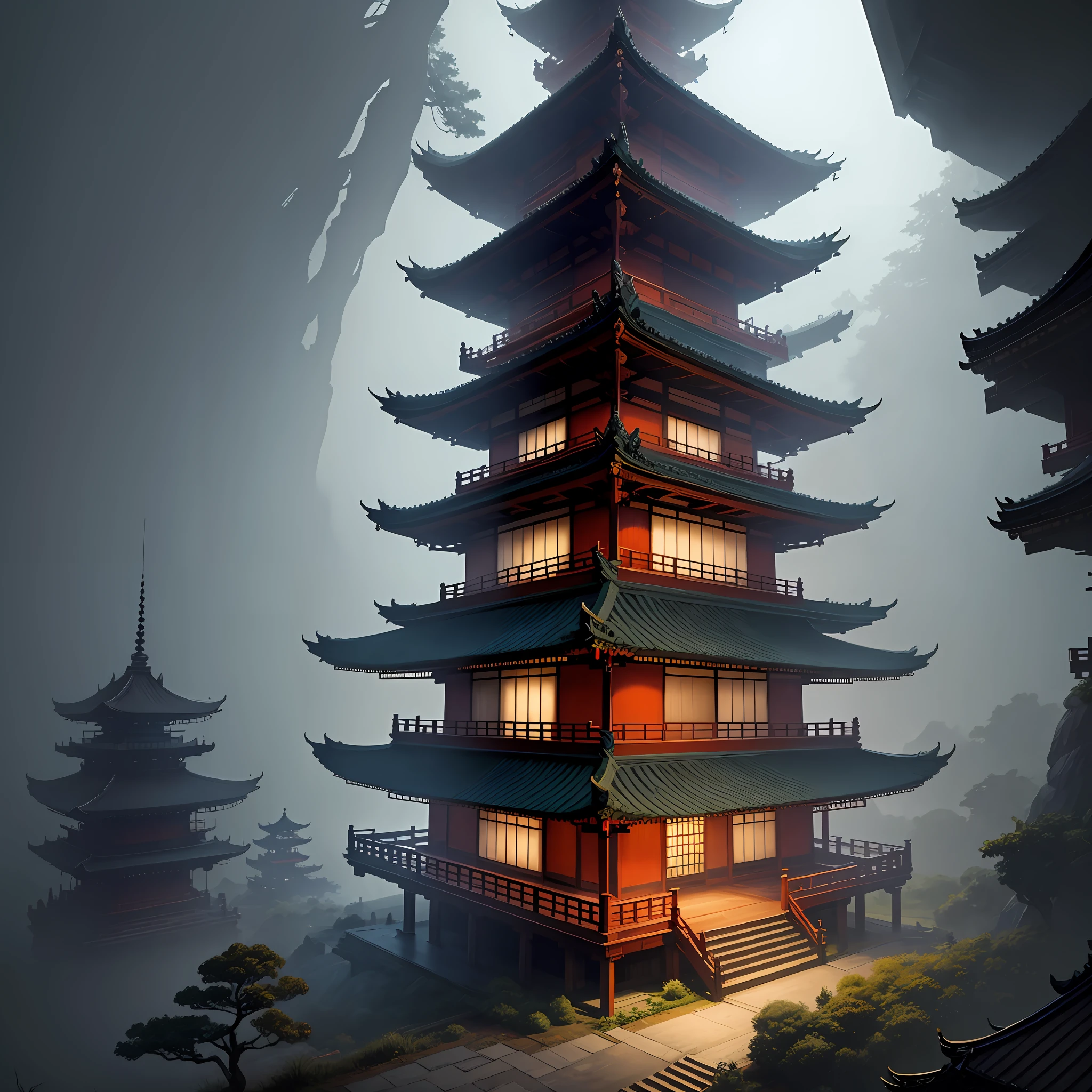 there is a painting of a pagoda in the middle of a forest, digital painting of a pagoda, inspired by Andreas Rocha, cyberpunk japanese temple, andreas rocha style, a mystical temple, Zen temple background, mysterious temple setting,Thick fog,Bright moonlight, background artwork, cyberpunk chinese ancient castle, japanese temples, Chinese fantasy --auto