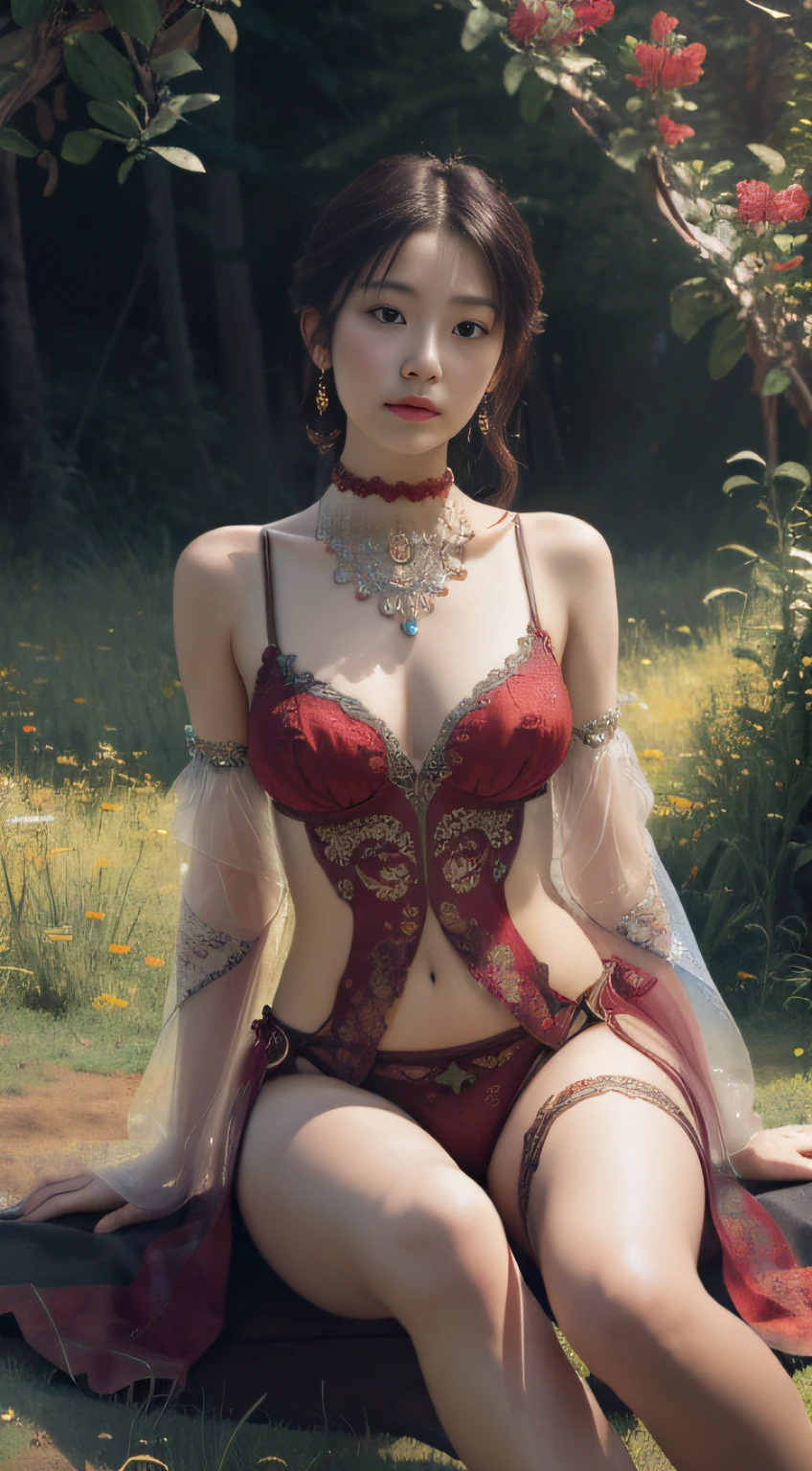 (Masterpiece, absurderes, Highly detailed:1.3), dream-state, Digital painting beauty, (Sitting, mature, Slim, Slender,) view the viewer, (Masterpiece), (Best quality:1.2), absurderes, Intricate details, skin indentation, cleavage, Huge breasts, (Highly detailed skin:1.2), (author:Alphonse Mucha Echo Chernik Megan Laura Cho Bingqiang), Sharp focus, Soft and colorful, Centered, symetry, picure, Intricate, voluminetric lighting, Beautiful, rich deep color, Ultra detailed, Digital painting, Mysterious magic, Focused, lush colors, Canon Eos 5d Mark IV and Fujifilm Superia X-TRA 400 film, (Extremely detailed oil painting:1.2), Glow effects, godrays, handpainted, Renders, 8K, rendering by octane, 4 d cinema, blender, Dark, Ultra-refined atmospheric 4K, cinematic sensual, Sharp focus, humorous illustration, great depth of field, Masterpiece, colours, 3d octane render, 4K, concept-art, trending on artstationh, Hyperrealistic, Vivid colors, Extremely detailed CG unified 8K wallpapers, trending on artstationh, trending on CGSociety, Intricate, High detail, Dramatic,1girll,Grass photography,(red transparent underwear),Red stockings,(Red transparent thong panties),pantyless,(((Camel toes))),Bulging ,(((leg loops))),Neck ring,((Wearing a watch,choker necklace)),Sit with your knees folded,(full bodyesbian:1.5