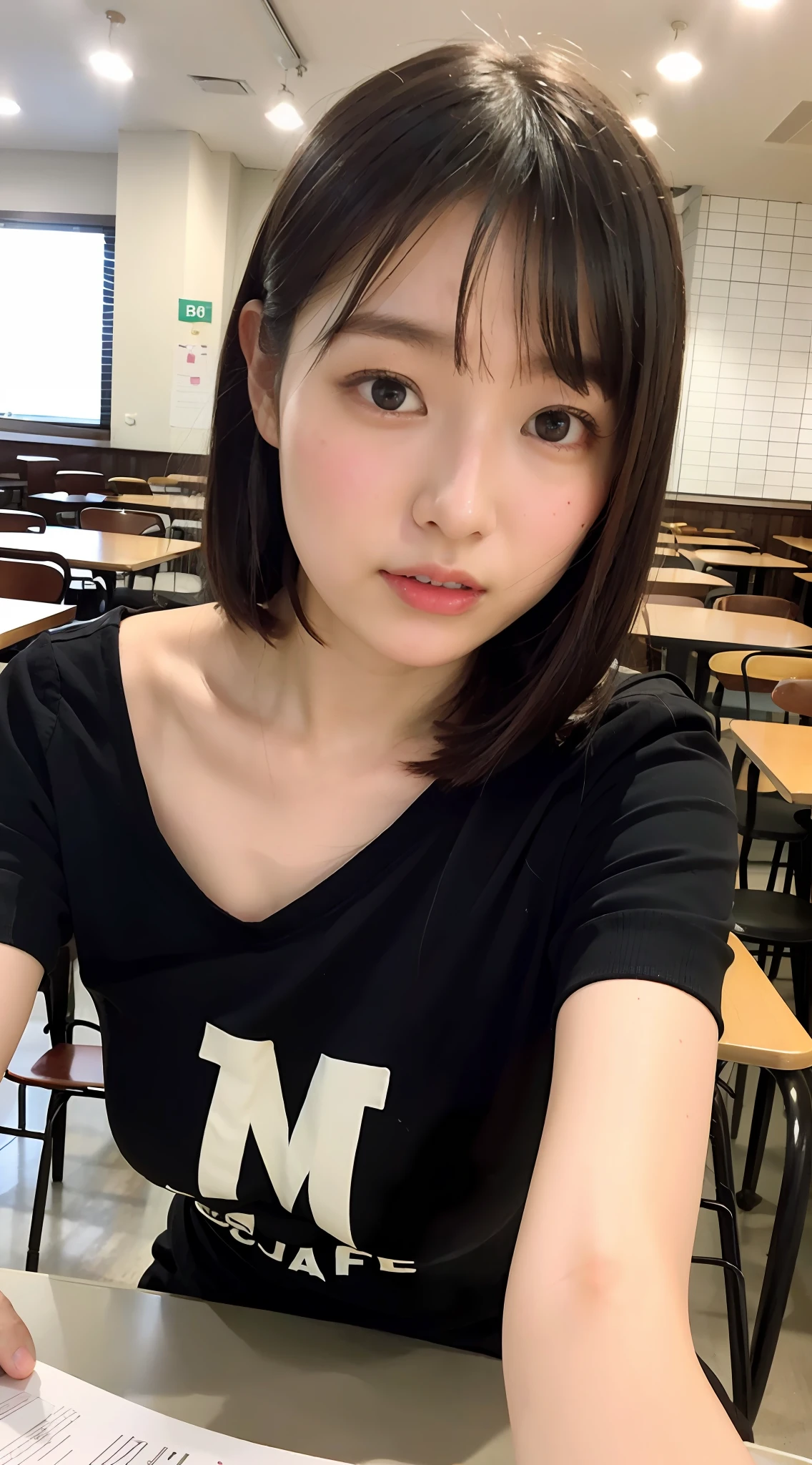Junior high school student with too big、Study in a café、 student、Ultramammy、Sagging milk、soft boob、perspiring、short-hair、knit