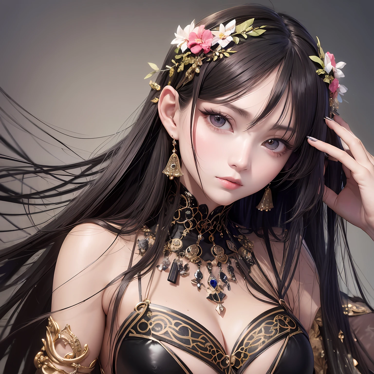 animesque、Clear, Moisturized papayawhip eyes、Lack of hair ornaments、Beautiful woman like a fashion model、a closeup、portlate、Beautiful, Beautiful black hair without hair ornaments, hight resolution,　top-quality, ​masterpiece, 8k wallpaper、 One Person、Beautiful skin、１７age、