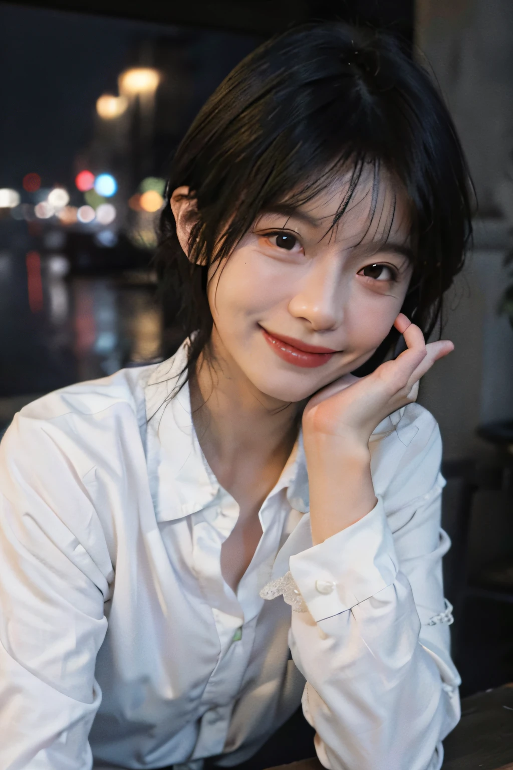 (8k, best quality, masterpiece:1.2), (realistic, photo-realistic:1.37), super detailed, 1 girl, cute, solo, beautiful detailed sky, detailed cafe, night, sitting, dating, ( red nose), (smile: 1.15), (shut up) small breasts, beautiful and delicate eyes, (collared shirt: 1.1), night, wet, business attire, rain, white lace, (short hair: 1.2), floating hair NovaFrogStyle , topless,