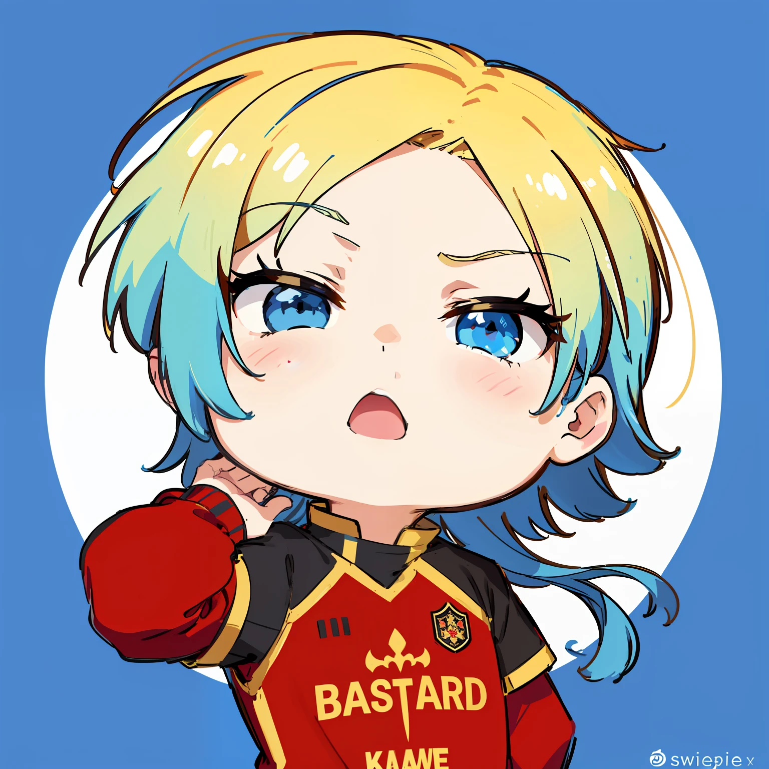 Kaiser is a tall young man with blue eyes and blond hair. He has a mullet with blue stripes at the ends of his hair. Kaiser too、I have a blue rose tattoo on my neck, turns into intertwined thorny stems like chains,、Under the left arm、Culminates in a crown with a keyhole in the left hand. He usually、Seen wearing a bastard Munich with red and black and golden stripes #Black and gold striped socks and sneakers、10 long-sleeved shirt uniforms.