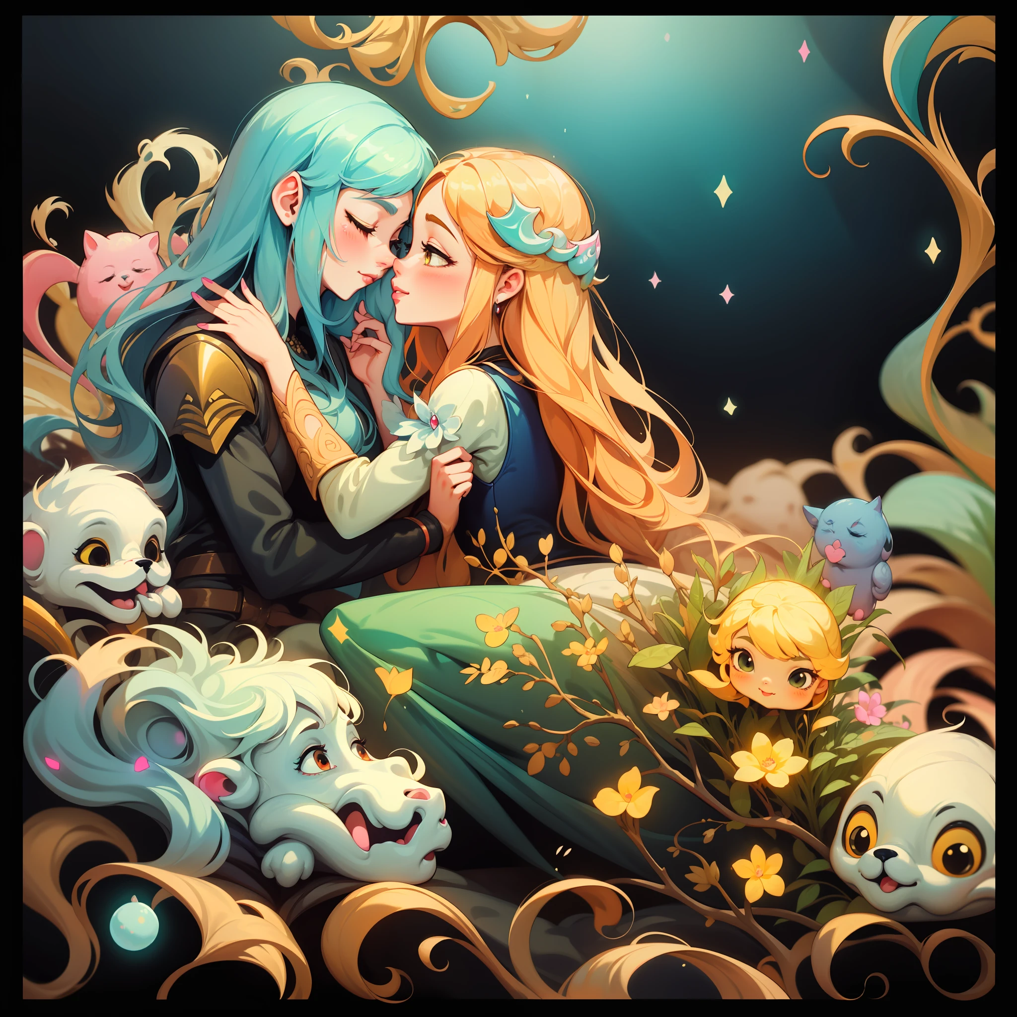 adesivo, fundo simples, retrato, 2 girls, couple, kissing, girl with long hair, girl smilling, princess aesthetics, beautiful princess girl, very beautiful fantasy art, beautiful and elegant female princess, beautiful detailed fantasy, yellow and pink color palate, yellow color-theme