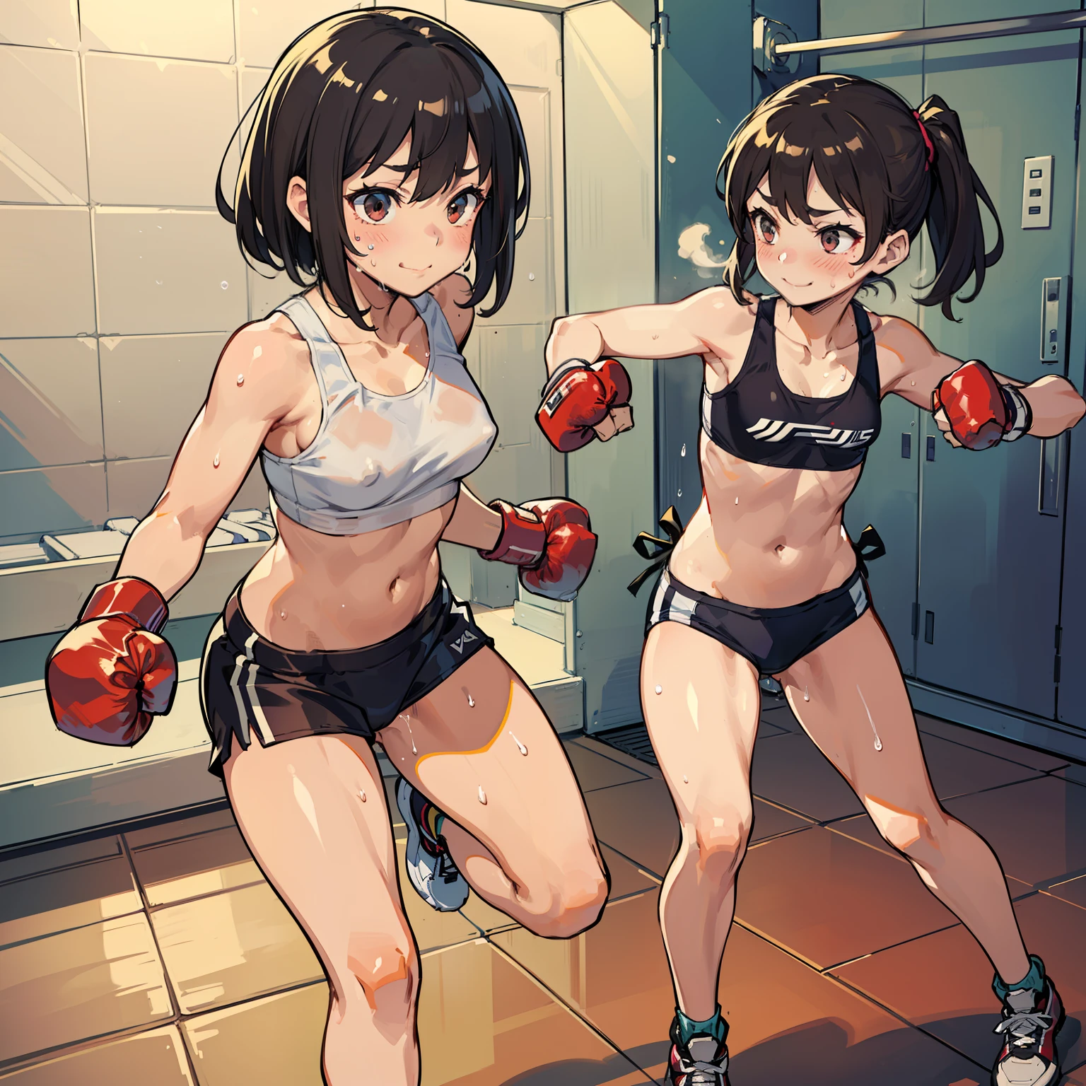 2 girls、fitness wear, shortspats、Sportsbra、Tank Tops、masterpiece、top-quality、realisitic、Hyper-detailing、(Glossy skin、be sweaty:1.4)、absurderes、Looking at the camera、short dark hair、Brown-eyed、A slender、动态照明、hight resolution、foco nítido、depth of fields、A detailed eye、Sharp eyes、Realistic eyes、(small tits:1.6)、(thick thight:1.0)、、Women's locker room、Locker Room、Shower room、Change of clothes、Half-undressed、Lower breast、pov from down、Full Body Display、Training Machine、Treadmill、Weight training、perspiring、moisture、punching bag、martial art、Boxer Size、Open Finger Gloves、shelves、punch、Spinning kick、Take off the bottom、Love Juice、A smile、red blush、teats、Clothing that shows through sweat、Kicking a punching bag、Punch to hit the ball、