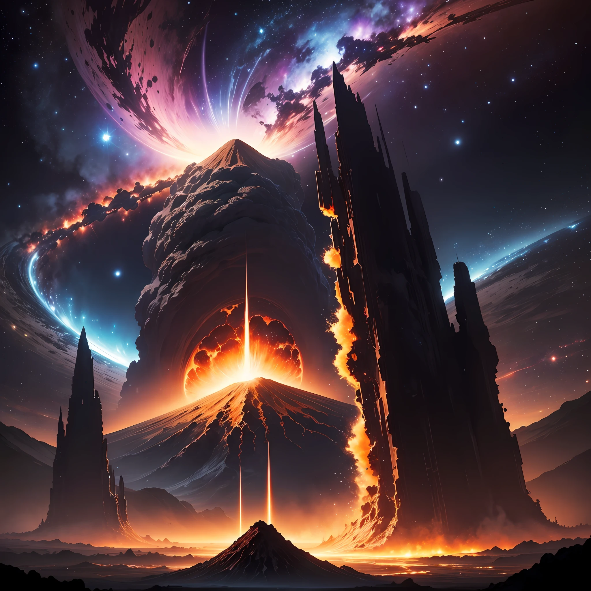 Black holes in the distance are ravaging the Milky Way,Located in space,Deep starry sky,the boundless universe,mistic,fantasy,erupting volcano,It's full of danger,There was magma everywhere --auto