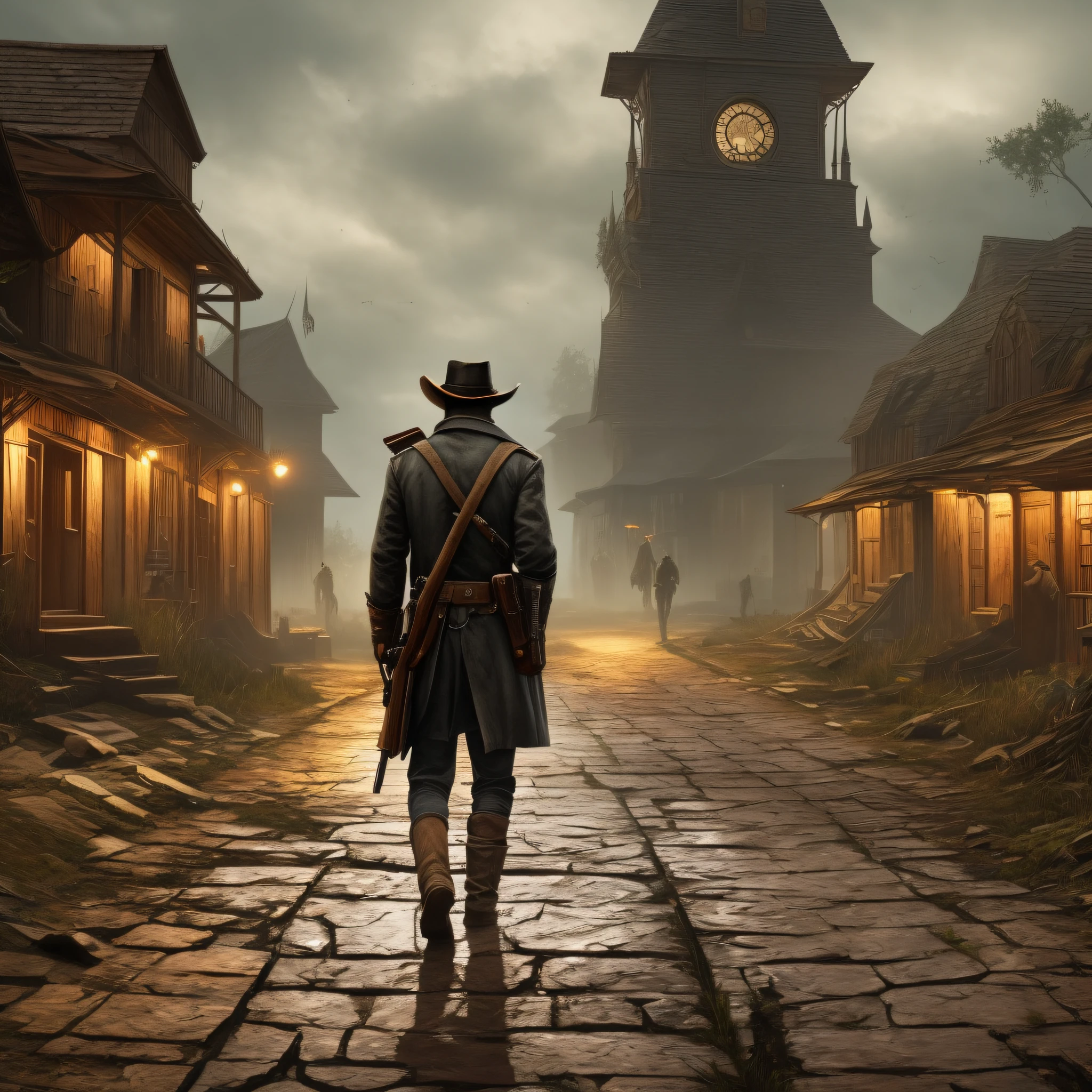 Dark Victorian Gothic fantasy mixed with Old West Town Old Wooden Buildings, Swamp Environment, Red Dead Redemption Namorados encontra, The Showdown of the Hunt, Mistura de yharnam transportado pelo sangue, A lone bounty hunter gunslinger in a trench coat roams the city, Rua lamacenta arenosa, Overgrown, Gothic church, Wooden coffins lying in the street, Remanso pantanoso, Spanish moss covering dead trees, and buildings, Atmospheric, Noite, Lamp on, Moody, A partir de software, arte conceitual, dramatic lighting, ultra realistic, Sharp details, high resolution, close-up no rosto do personagem, um monstro assustador, uma personagem feminina