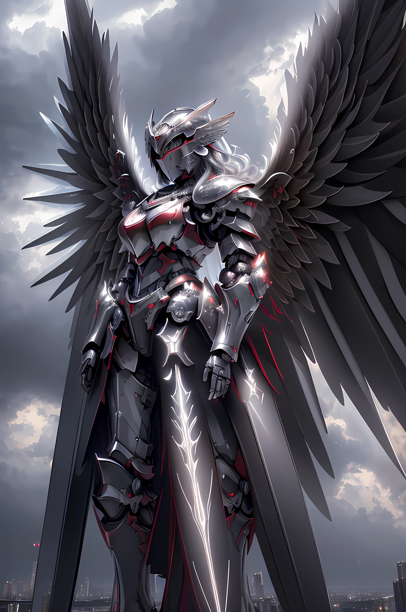 masterpiece, highly detailed CG unified 8K wallpapers, 8k uhd, dslr, high quality, clean, ((a dark angel in a mechanical armor with wings, godly aura, floating in the air, descending from the sky)), rainy, dark night, lightning, dramatic scene, cinematic lighting, ultra-high resolution, ultra-high detailed, high-definition,
