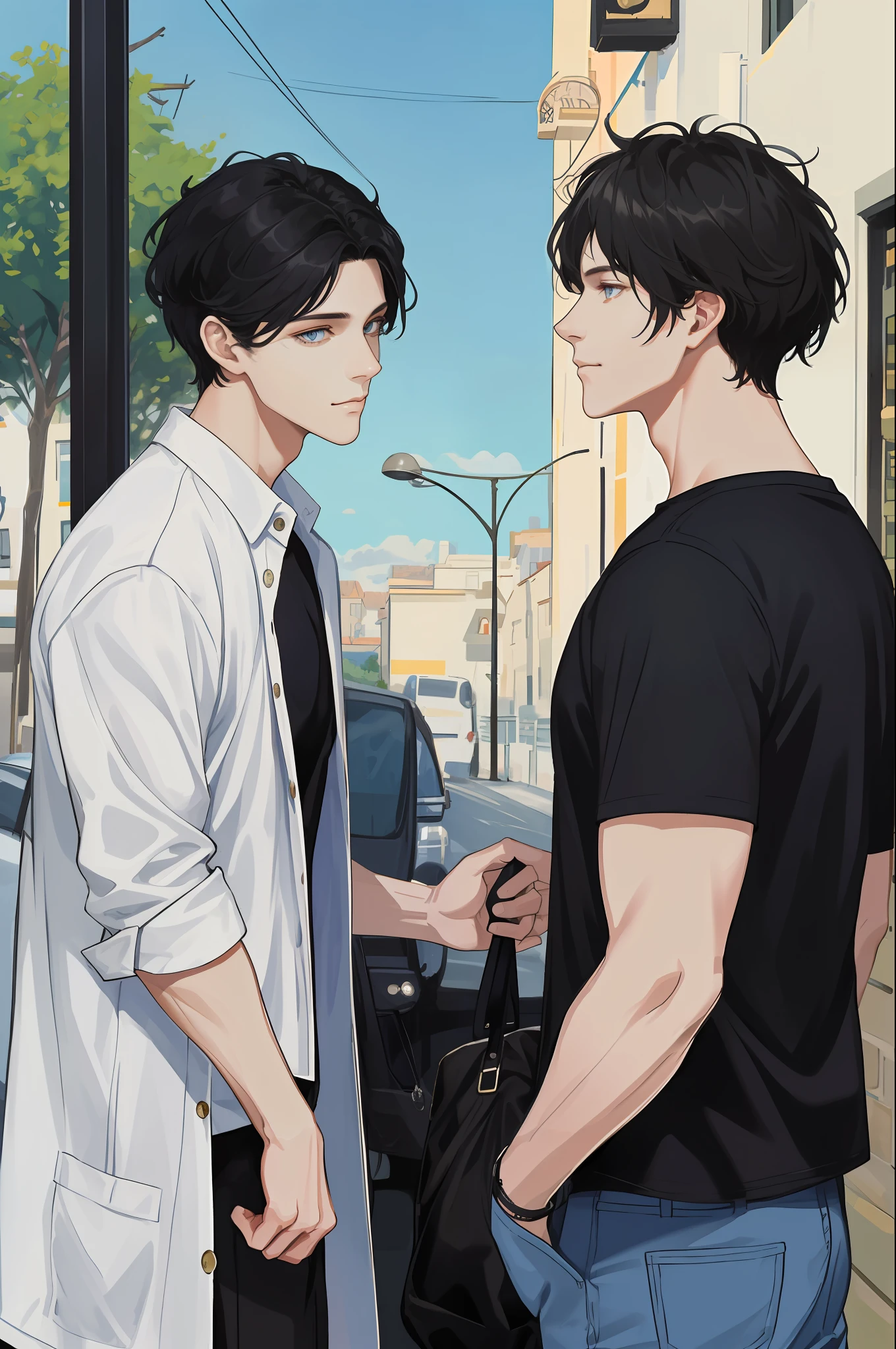 ​masterpiece, top-quality, realisitic, Young men２a person,Trying to kiss、 Ecstatic look、tall muscular, a handsome, Beautiful skins,attractive and delicate eyes、extra detailed face, (Black hair), (Untidy hair), Casual clothing, blue open sky
