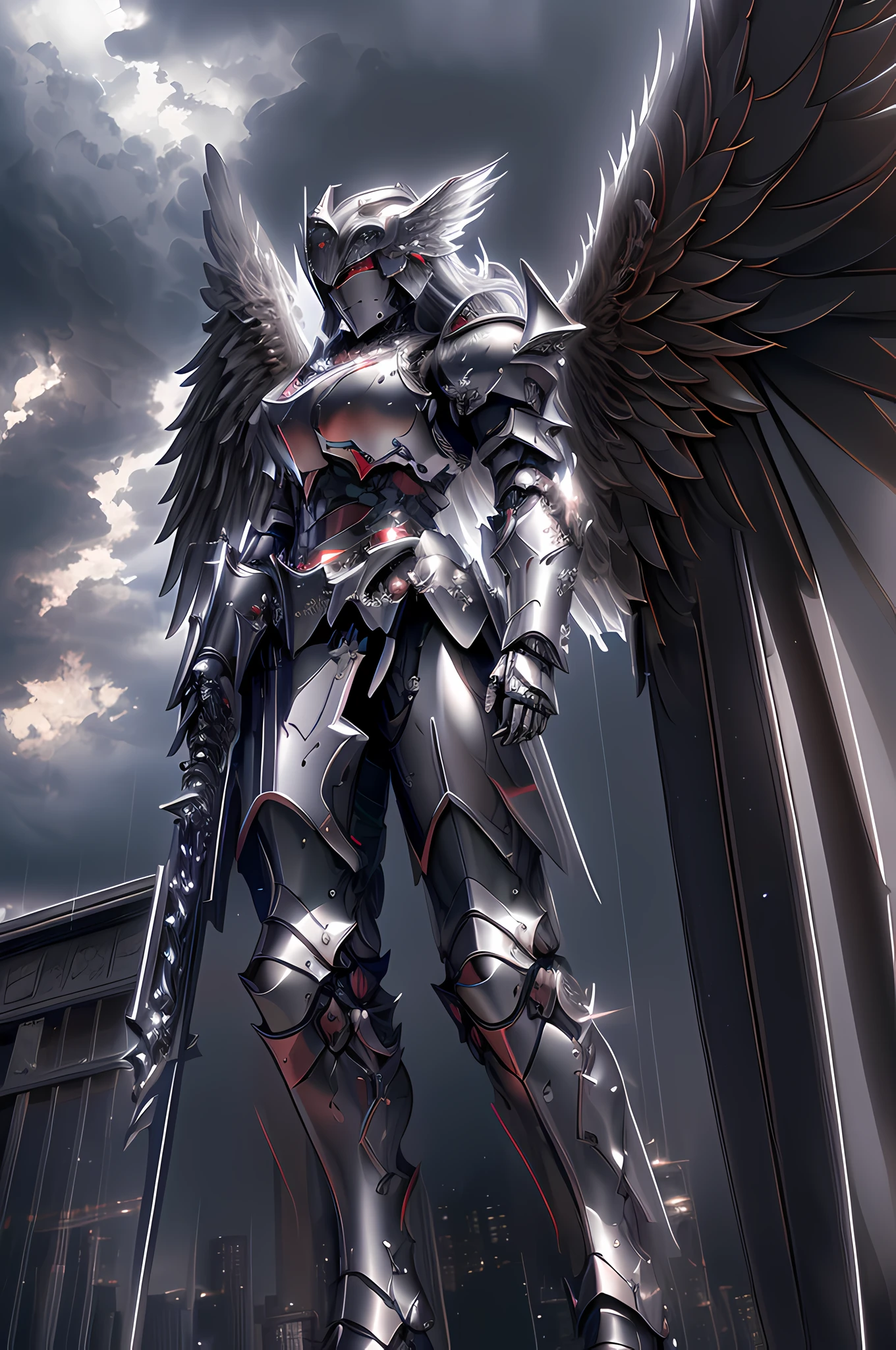 masterpiece, highly detailed CG unified 8K wallpapers, 8k uhd, dslr, high quality, clean, ((a dark angel in a mechanical armor with wings, godly aura, floating in the air, descending from the sky)), rainy, dark night, lightning, dramatic scene, cinematic lighting, ultra-high resolution, ultra-high detailed, high-definition,