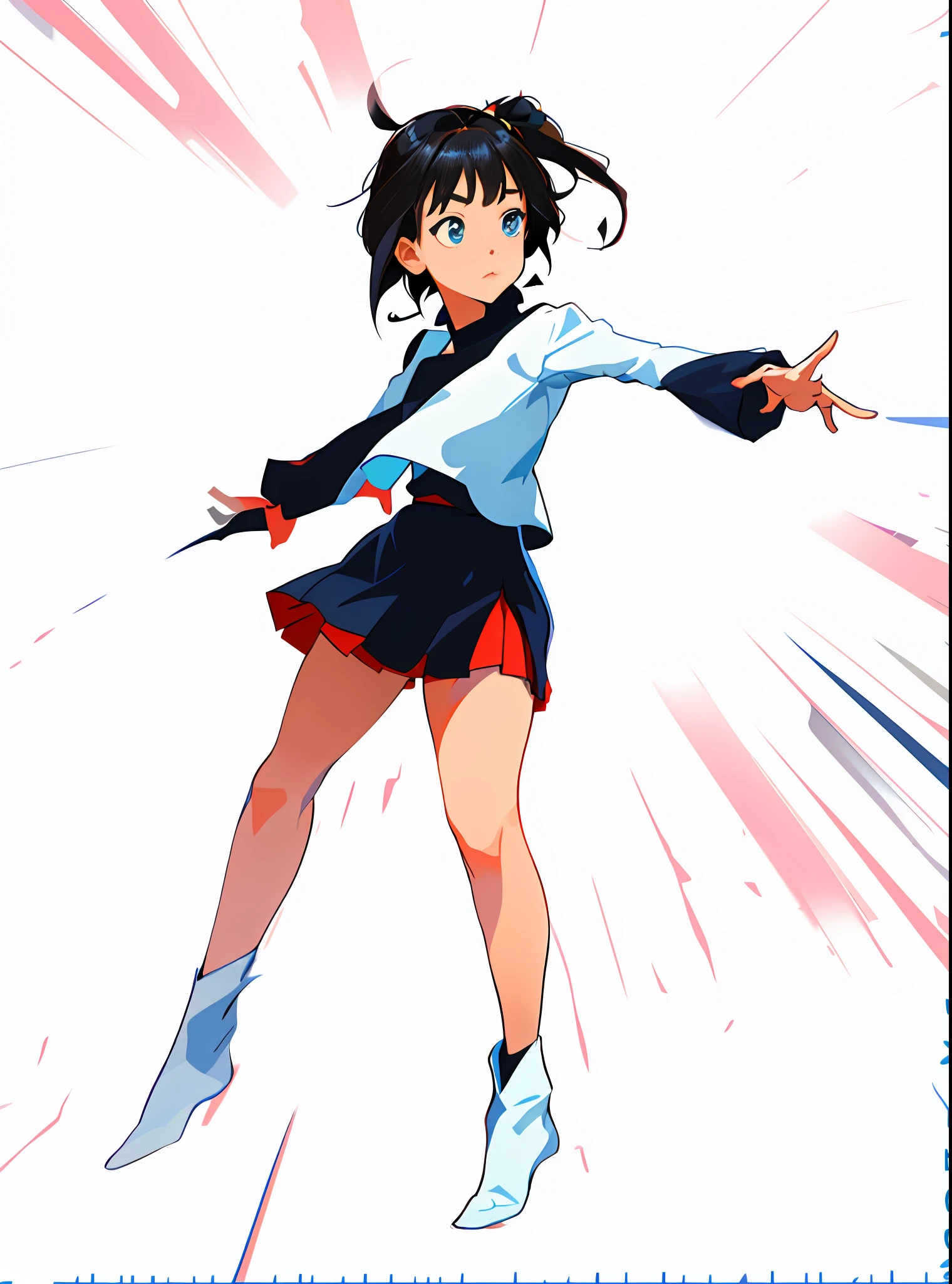 Anime drawing of a woman in a short skirt, Girls all over!! Dynamic pose, full bodyesbian!! Dynamic Action Pose, distorted pose, the anime girl is running, full body portrait of a short!, pudica pose gesture, Female protagonist 👀 :8, Fighting posture, flat anime style shading, sketchy artstyle, Dynamic!!