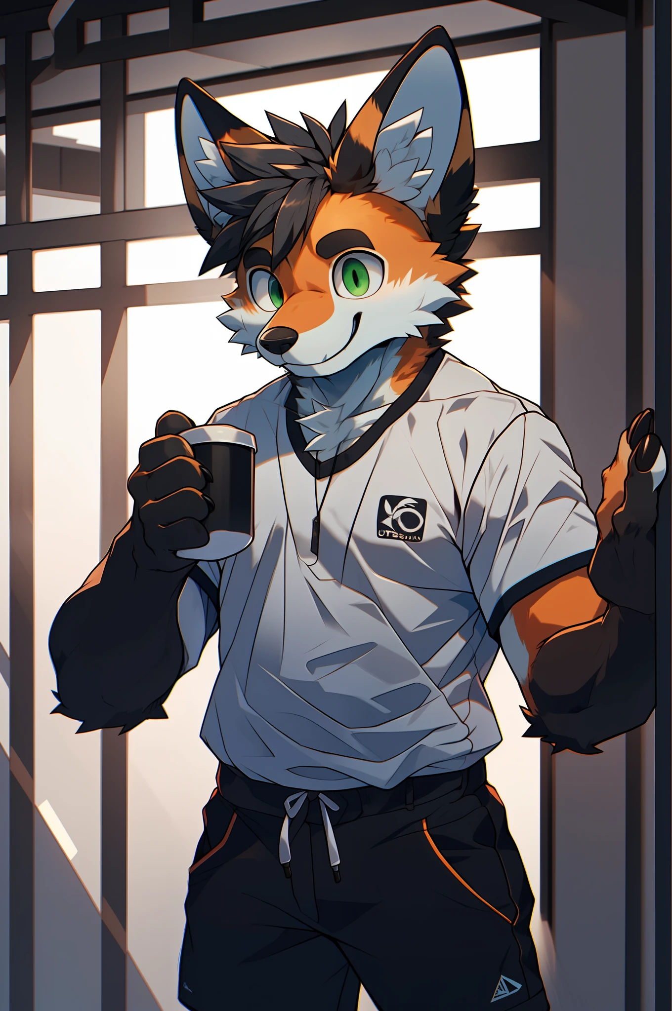 depth of fields,lighting perfect,light particules,(best qualtiy),(tmasterpiece),(ultra - detailed),Sharp focus,light particules,niji,red fox,The male,Middle age,Mature temperament,Eyes,green-eyed,hairy chest,Animal_Ear_vellus hair,Crossed waist with one hand,The upper part of the body,coda,short sleeved shirt,rays of sunshine,城市,Mysterious smile,holding coffee,