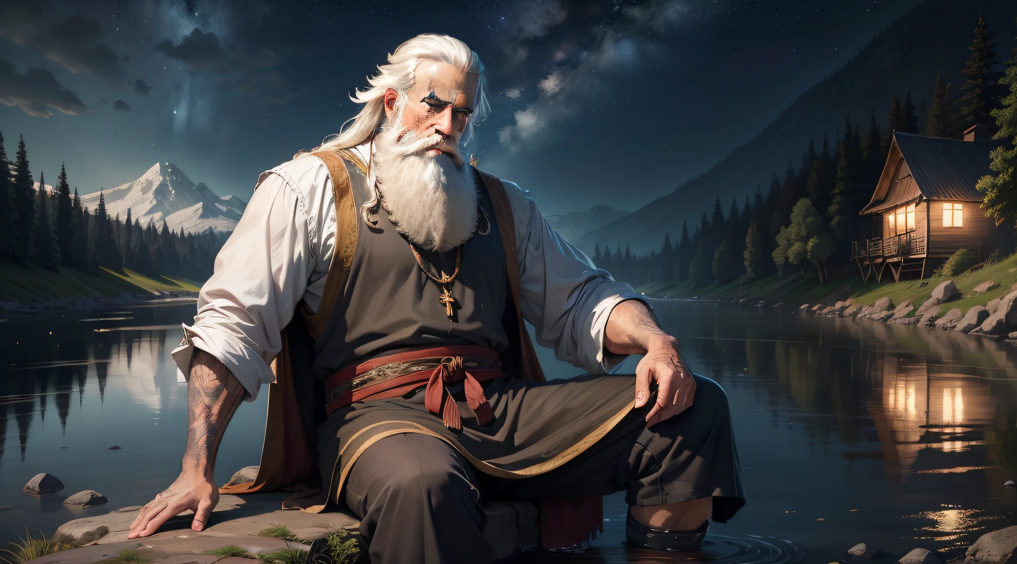 a man with a white beard sitting on the bank of a river at night with the stars in the sky shining with the reflection of the moonlight in the river with an expression of patience, with clothes from biblical times