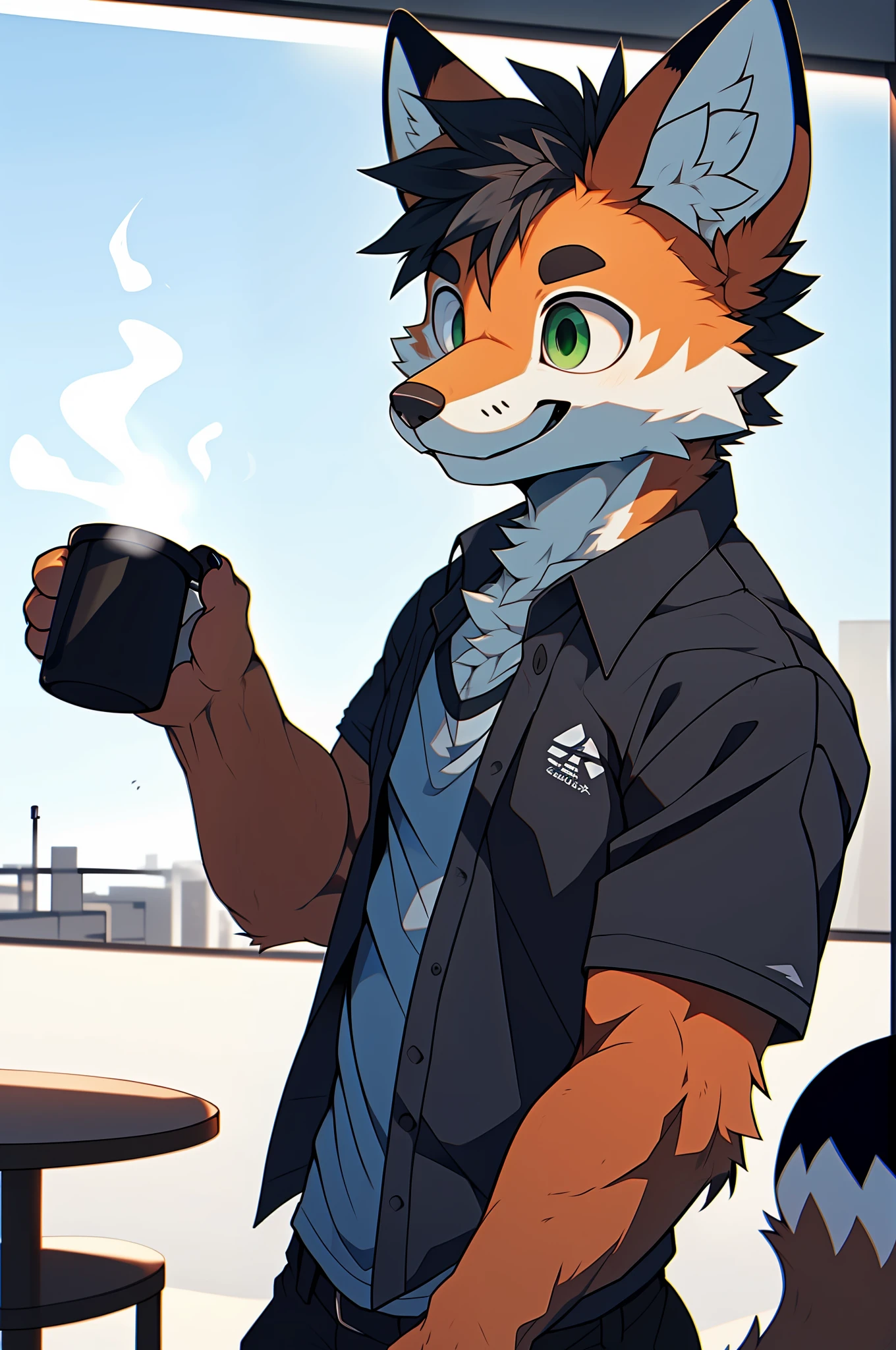 depth of fields，lighting perfect，light particules，（best qualtiy），（tmasterpiece），（ultra - detailed），Sharp focus，light particules，niji，red fox，The male，Middle age，Mature temperament，Eyes，green-eyed，hairy chest，Animal_Ear_vellus hair，Crossed waist with one hand，The upper part of the body，coda，short sleeved shirt，rays of sunshine，城市，Mysterious smile，holding coffee，