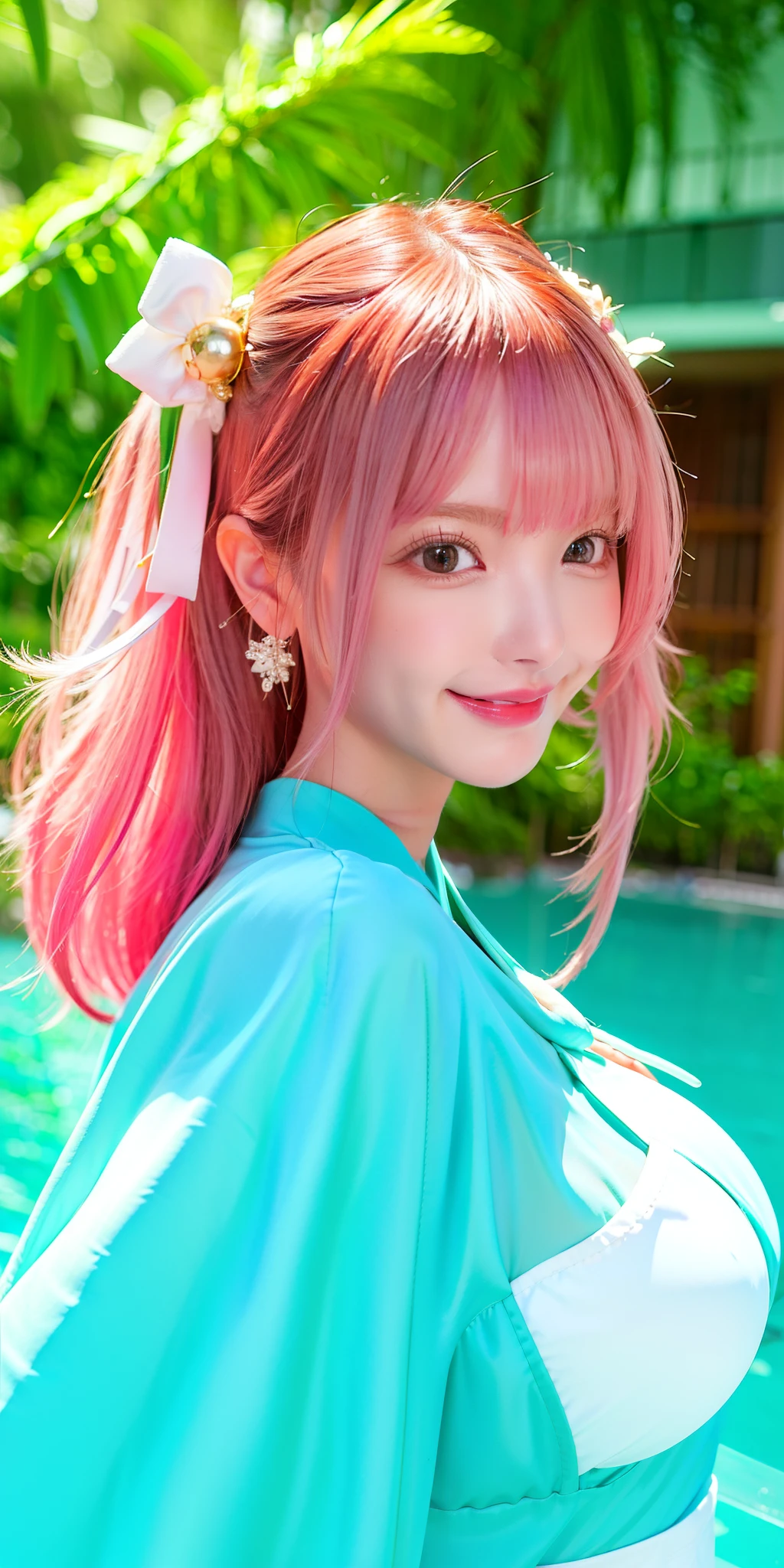 (8k, 4k, best quality, highres:1.2), (maasterpiece, realistic, photo realistic:1.37), 1girl, solo, beautiful face, eyelashes, nose, glossy lips, (detailed eyes, looking at viewer, fair skin, white skin:1.5), fine complexion, upper body,
large breasts, busty,,,
outdoor onsen,
two side up, absurdly long hair, blonde hair, pink hair, bangs, hair ornament, bow,
younger, aged down,