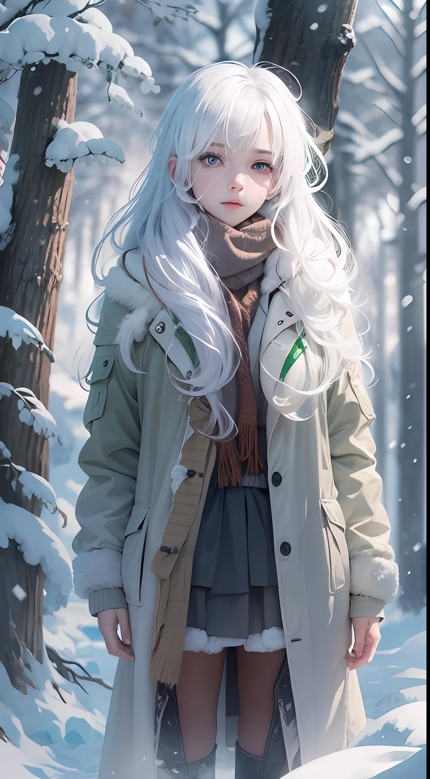 best qualtiy, tmasterpiece, White hair, eBlue eyes, A girl,white colors、, Realistis, Floating hair, Snowy,, Detailed face, winter, Green trees, Sunshine