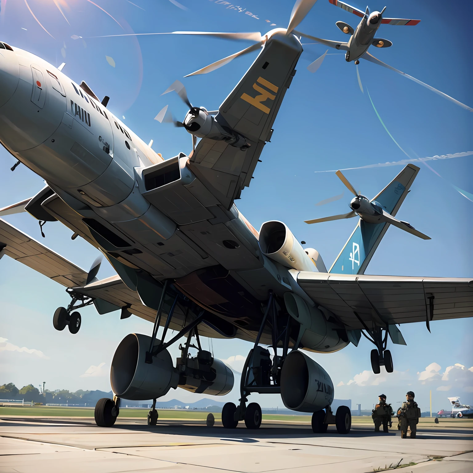 A huge military aircraft slowly landing on the airport, surrounded by armed soldiers and other parked aircraft, by Manhua --niji 5 --auto