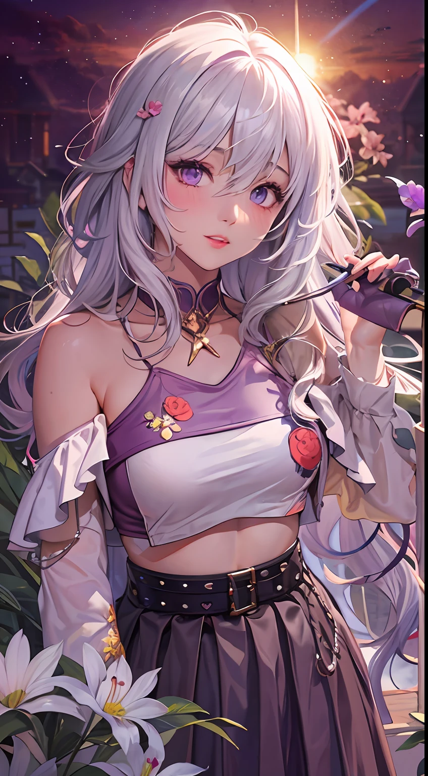 realistic, 1girl, white hair, purple eyes, glowing eyes, crop top, skirt, parted lips, blush, night, flowers, sun, sunlight,