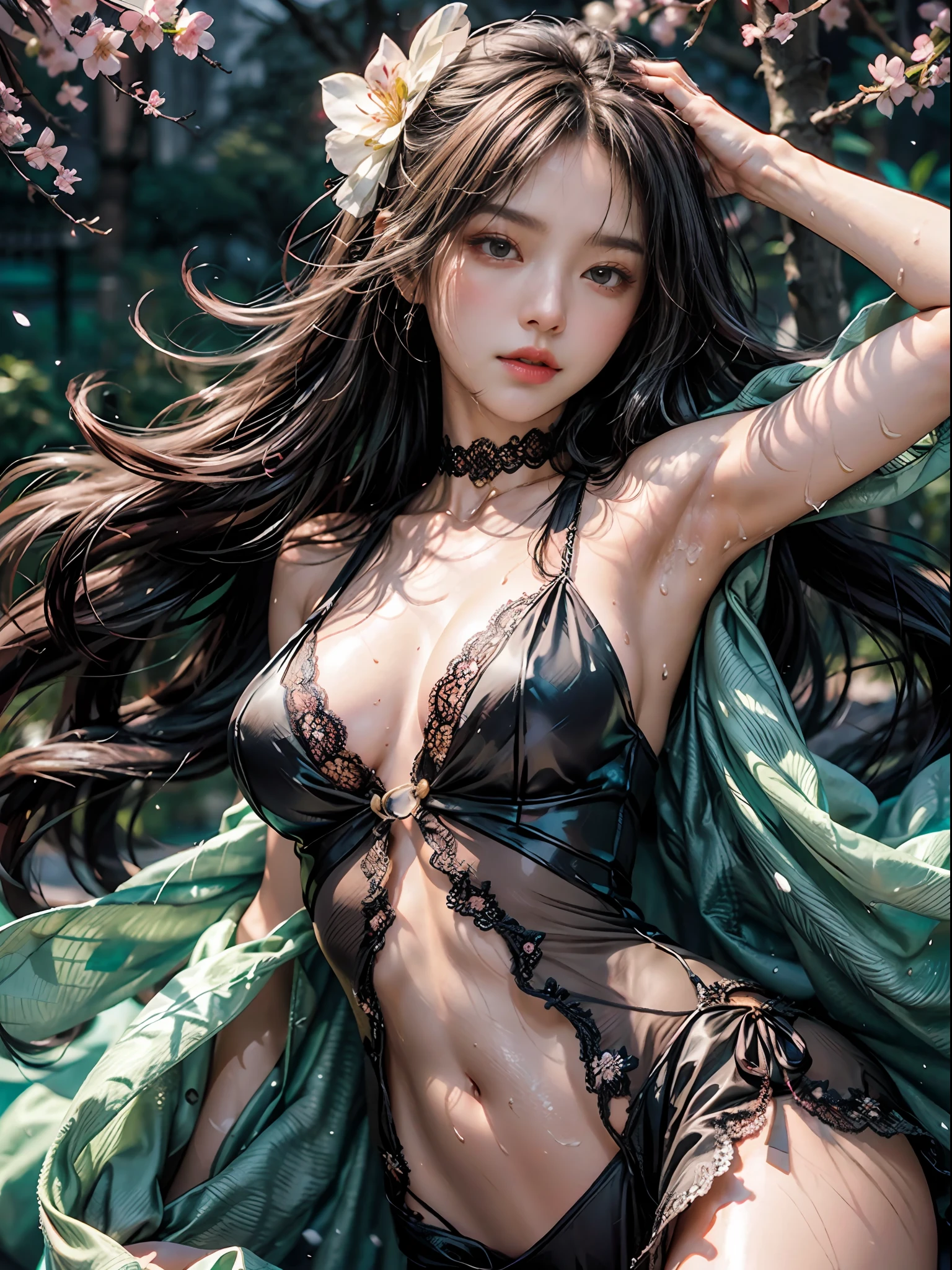 loose outfit、Show shoulders、See-through dresses in dark colors、How to wear a black gown、Decorated with intricate patterns and bright colors、Transparent material that makes the skin shine、Artistic depiction of seductive woman in gown with wet thin cloth and transparent skin, Floral and fantastic pattern with flowing silky traditional see-through skin。Her dress draped elegantly around her curvaceous figure、Emphasizes her charming silhouette。She's a gentle fireworks night、Dynamic Posing、Sexy Posing、bathed in the soft glow of moonlight。The scene is、With a hint of mystery and sensuality、It exudes an ethereal dreamy atmosphere。The image style is、Incorporates a blend of watercolor and digital illustration techniques.、It makes you feel delicate beauty and charm。Soft moonlit lighting、Cast gentle highlights and shadows on her mesmerizing features。Dynamic Posing、Bold poses、The hand is somewhere、see -through、show through、A sexy、Wet hair、Wet、(cherry trees、flower petals、cherryblossom、The cherry tree、Sakura Snowstorm 1.5)、buried、Transparent skin、Wet clothes、(Chest 1.2)、Navel Ejection、Swaying in the wind、Burgundy、pale red、(Slouch 1.5)、Lace colors、lace choker、a choker、Lie on your back on the surface of the water、