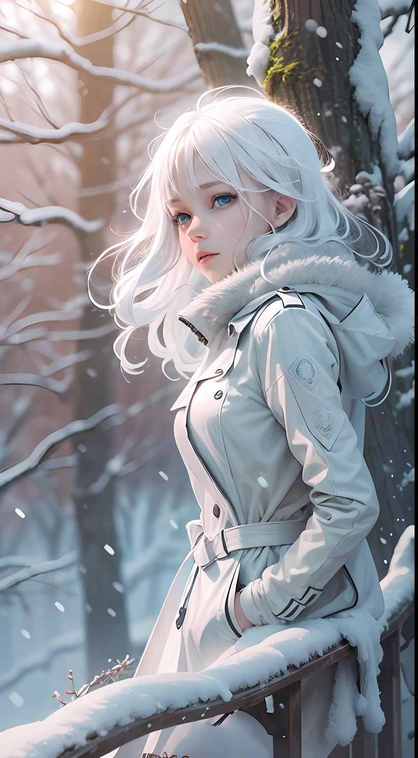 best qualtiy， tmasterpiece， White hair， eBlue eyes， A girl，white colors、， Realistis, Floating hair, Snowy,, Detailed face, winter, Green trees, Sunshine