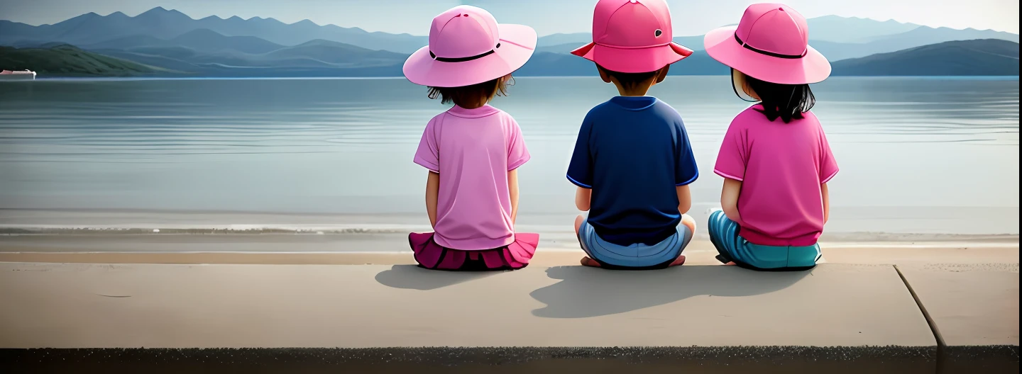 Four children sitting on the beach looking at Lake Biwa, portrait, sitting in front of Lake Biwa, wearing highly stylized, children's, Lake Biwa, pink baseball cap