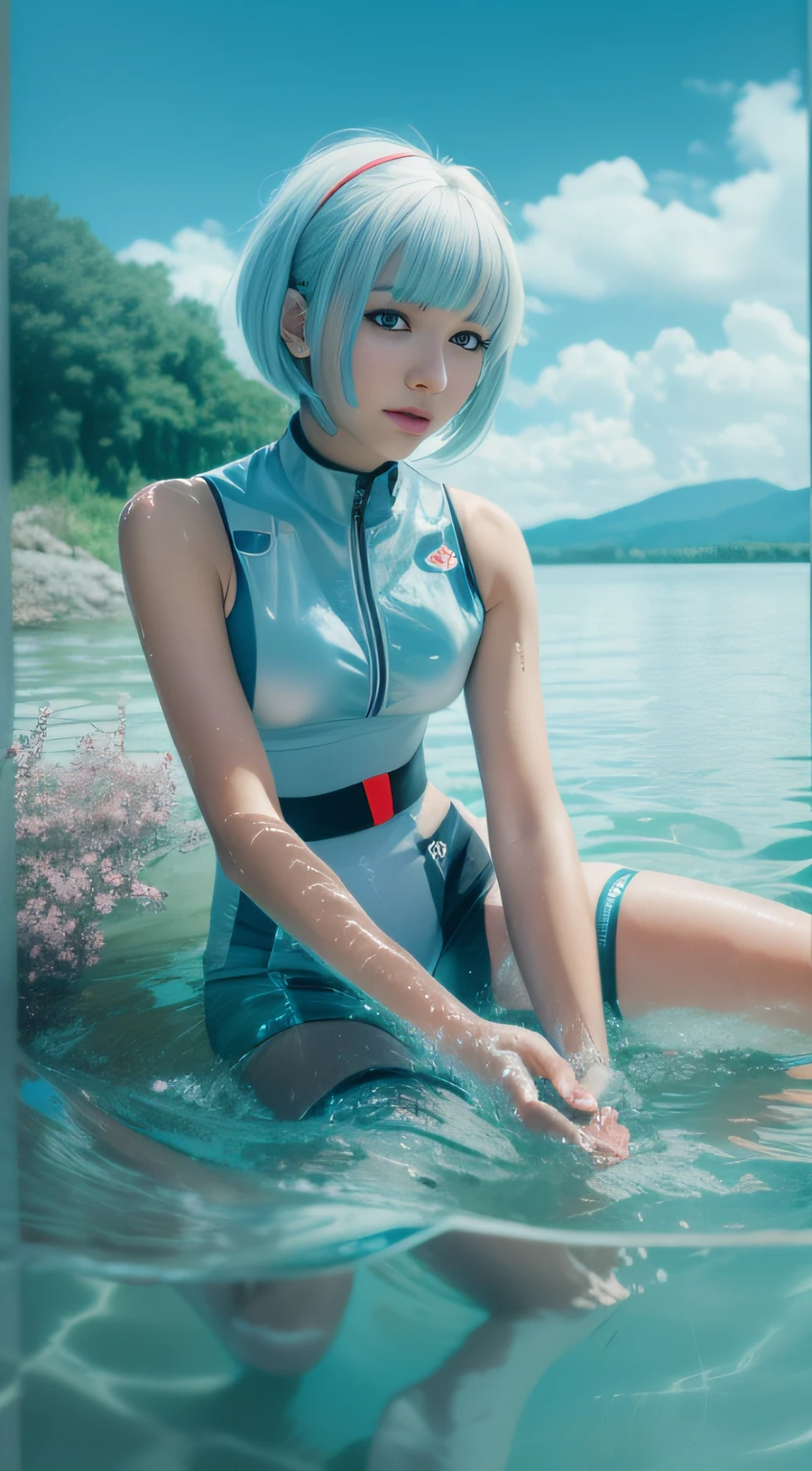 ((Rei Ayanami)from a(Neon Genesis Evangelion)), (Face the camera directly), (Immerse in water to ankle depth,), Realistic beautiful girl full body portrait, 13 years old, Fantastic face, In a sitting position, playing in the water, 8k resolution concept art portrait, Midsummer sky and Japan countryside, Cinematic, elegant organic framing, Hyper-Realism, Wet gouache, Reallife Human,