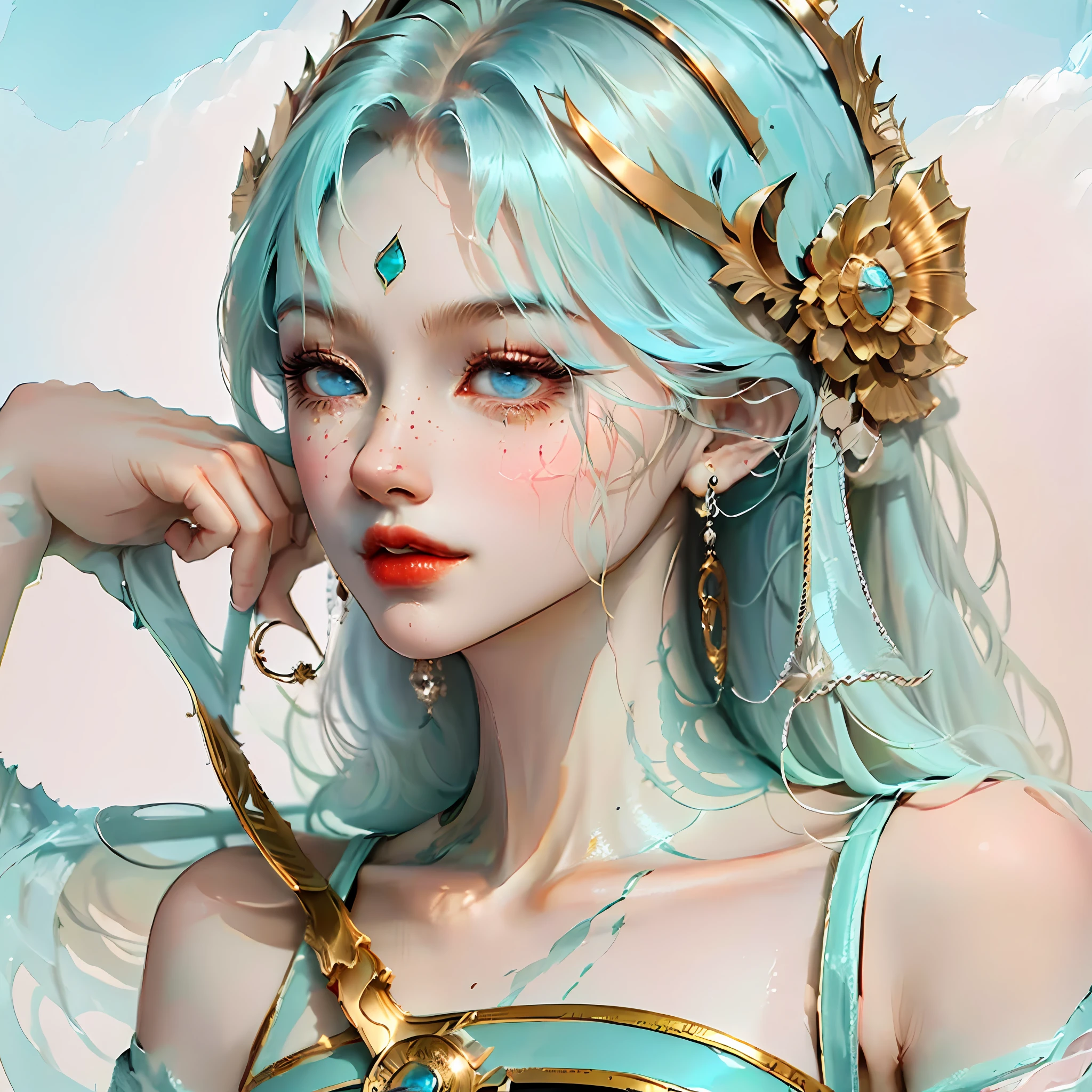 Turquoise blue eyes，Height is about l meter five，shoulder-lengthhair，male people，The face is exquisite，Skin color Bai Zhe --auto