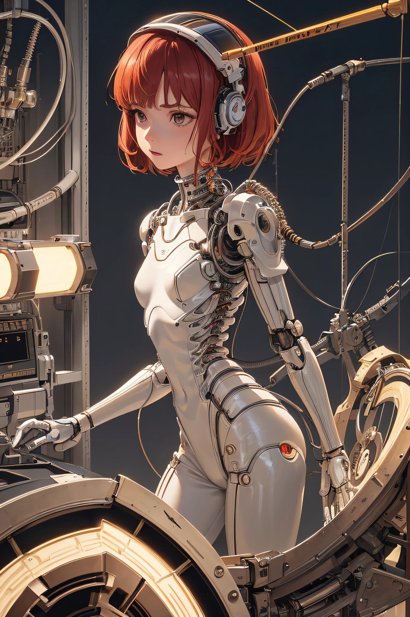 ((masterpiece))), (((best quality))), ((super detailed)), (highly detailed computer illustration), ((extremely delicate and beautiful)),(from the side),cinematic light, ((1 mechanical girl )), solo, whole body, (mechanical joints: 1.2), ((mechanical limbs)), (blood vessels connected to tubes), (mechanical vertebra attached to the back), ((mechanical cervical region attached to the neck) ),( camera close),no expression,(wires and cables attached to the neck:1.2),(wires and cables on the head:1.2)(character focus),((sci-fi)),extremely detailed, as detailed as possible, 1girl , (13 years old), (red short hair, no bangs), brown eyes, (((white lighting))), (white cables: 1.4), (((future))), ((cyborg)), futurism