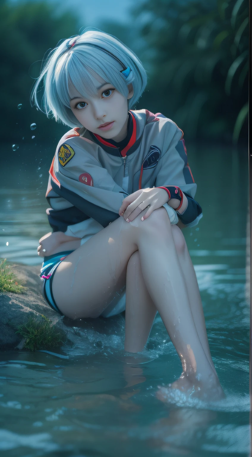 ((Rei Ayanami)from a(Neon Genesis Evangelion)), (Face the camera directly), (Immerse in water to ankle depth,), Realistic beautiful girl full body portrait, , Fantastic face, In a sitting position, playing in the water, 8k resolution concept art portrait, Midsummer sky and Japan countryside, Cinematic, elegant organic framing, Hyper-Realism, Wet gouache, Reallife Human,