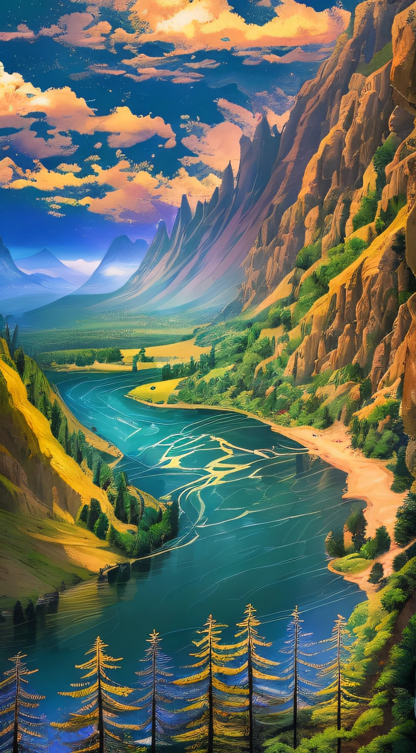 Masterpiece, ultimate quality, Cg unity 8k wallpaper, super delicate, beautiful sky and clouds, rich natural scenery, cliffs, lakes and rivers, waterfalls and flying water, beautiful green mountains, no trace of people, excellent scenery, has already won a photo contest, background Blurring, full depth of field, HDR high dynamics, true restoration, intricate, extreme details, dramatic presentation, perfectly presenting the style of midjourney art.
