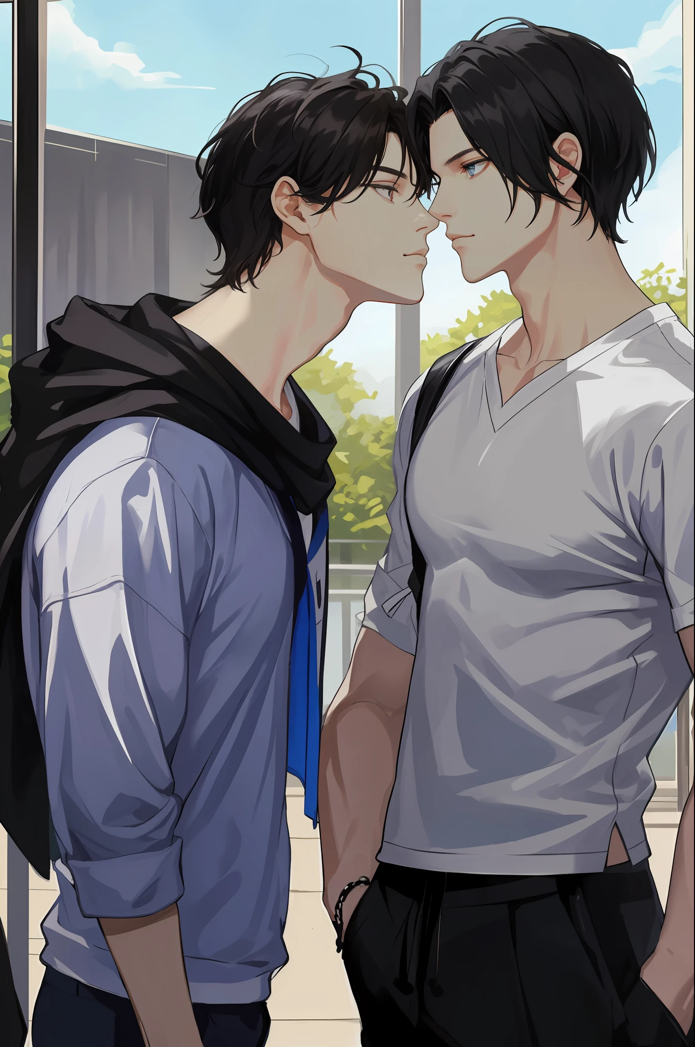 masterpiece, top-quality, realisitic, Young men2name, tall muscular, a handsome, Beautiful skins,Attractive and delicate eyes、stare at each other、Trying to kiss、 portraitures, extra detailed face, (Black hair), (Untidy hair), Casual clothing, blue open sky