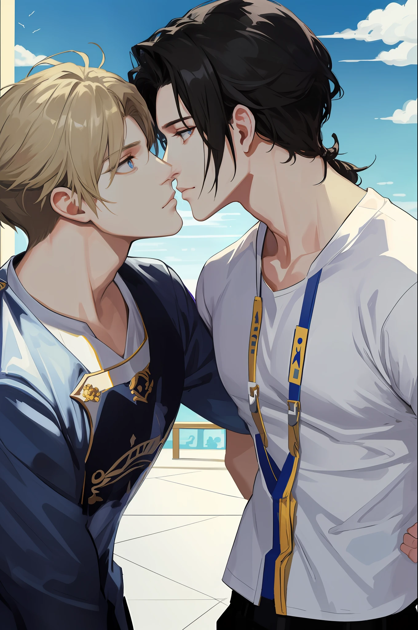 masterpiece, top-quality, realisitic, Young men2name, tall muscular, a handsome, Beautiful skins,Attractive and delicate eyes、stare at each other、Trying to kiss、 portraitures, extra detailed face, (Black hair), (Untidy hair), Casual clothing, blue open sky