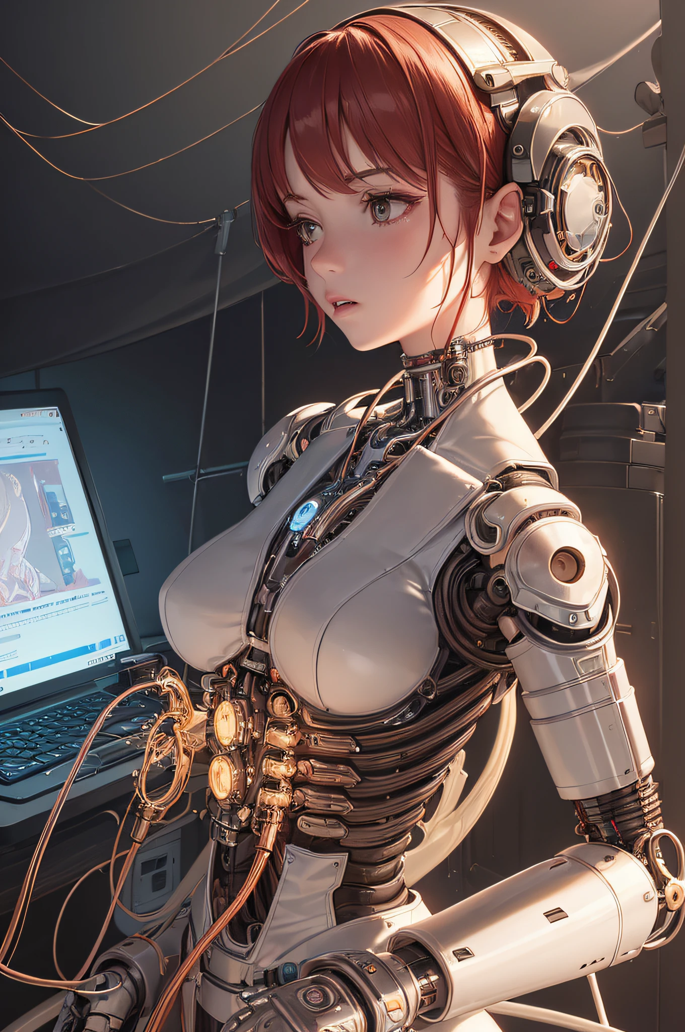 ((masterpiece))), (((best quality))), ((super detailed)), (highly detailed computer illustration), ((extremely delicate and beautiful)),(from the side),cinematic light, ((1 mechanical girl )), solo, whole body, (mechanical joints: 1.2), ((mechanical limbs)), (blood vessels connected to tubes), (mechanical vertebra attached to the back), ((mechanical cervical region attached to the neck) ),( camera close),no expression,(wires and cables attached to the neck:1.2),(wires and cables on the head:1.2)(character focus),((sci-fi)),extremely detailed, as detailed as possible, 1girl , (13 years old), (red short hair, no bangs), brown eyes, (((white lighting))), (white cables: 1.4), (((future))), ((cyborg)), futurism